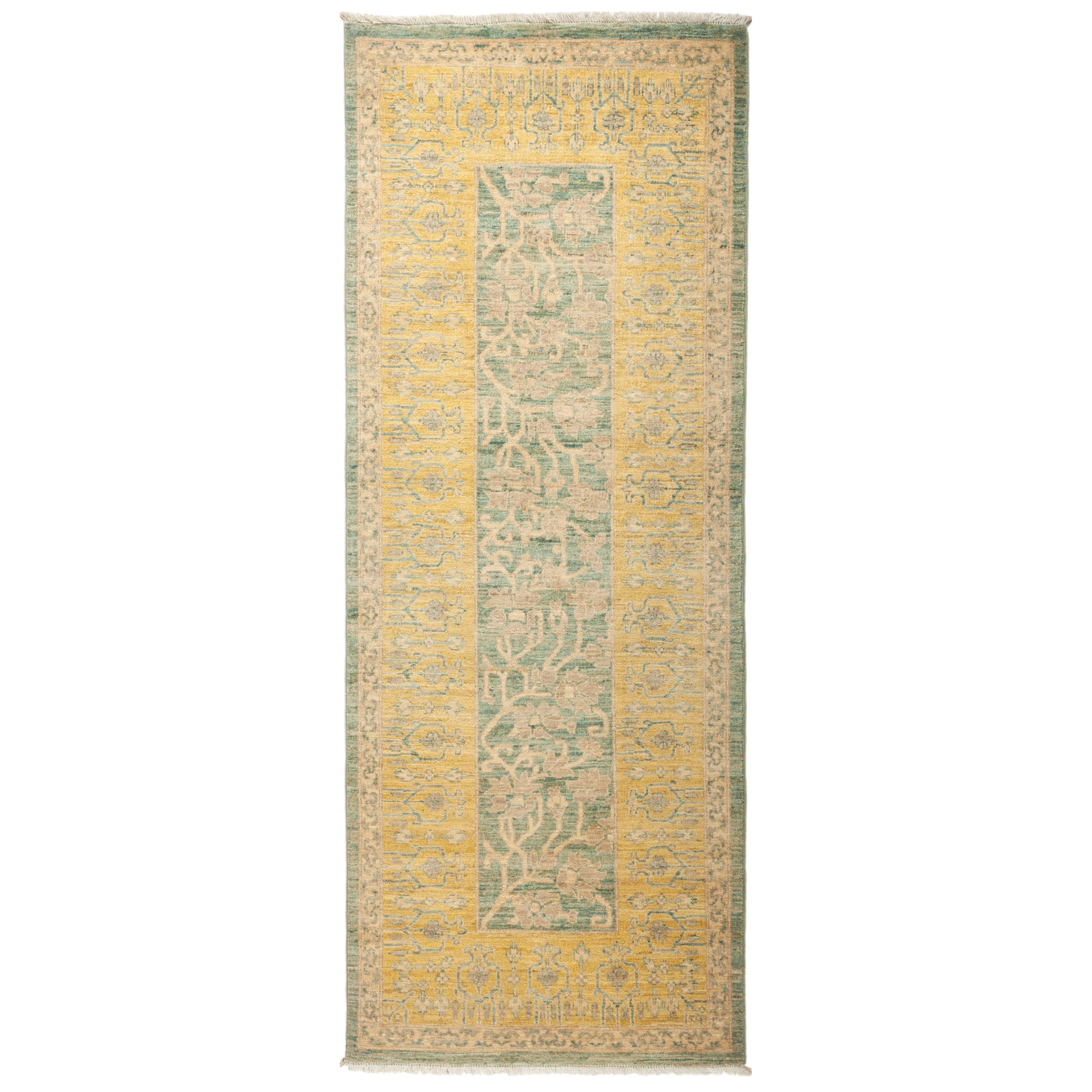 One-of-a-Kind Patterned and Floral Wool Hand Knotted Runner Rug, Seafoam