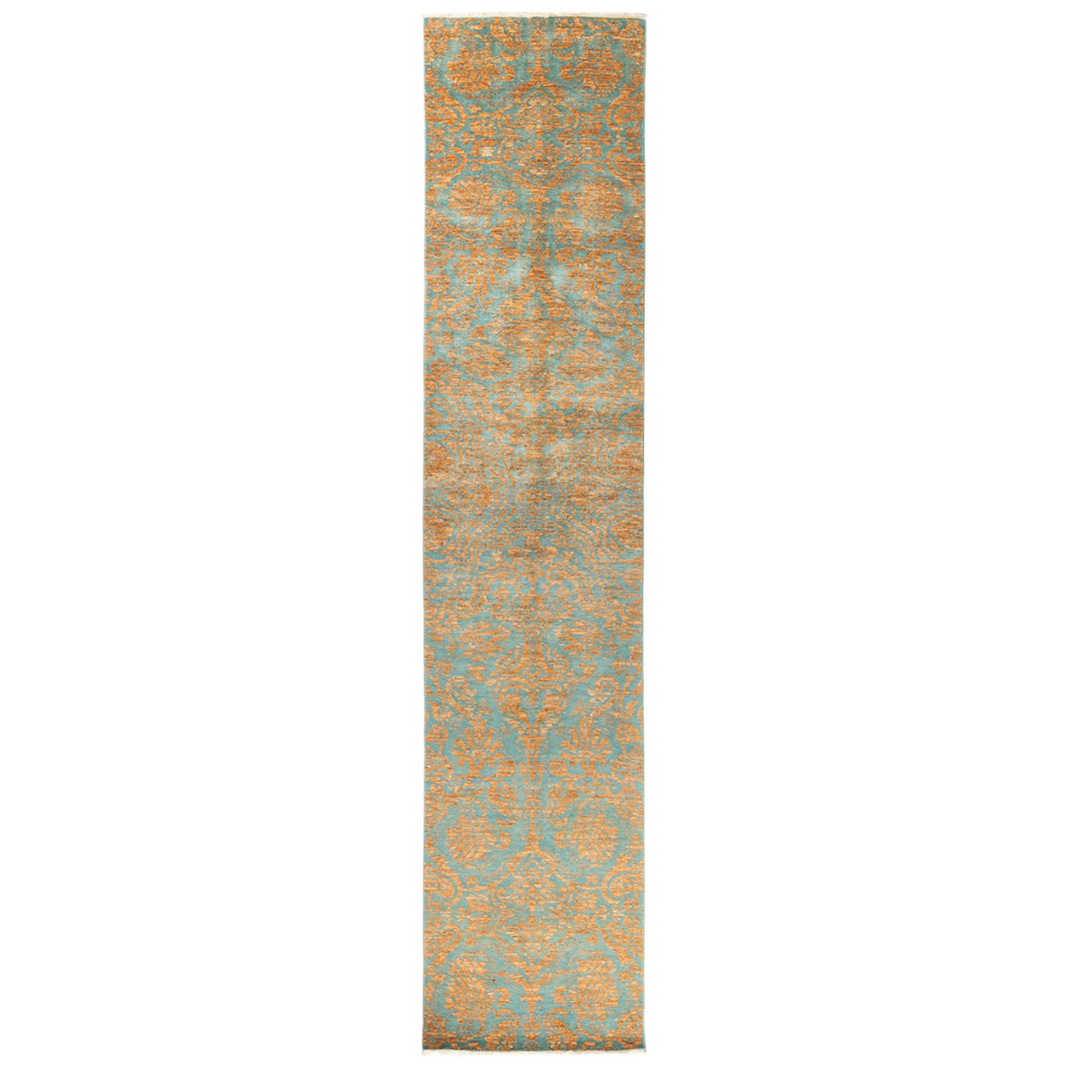 One-of-a-Kind Patterned and Floral Wool Hand Knotted Runner, Teal,