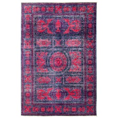 One of a Kind Patterned & Floral Wool Hand Knotted Area Rug, Denim