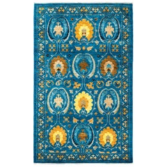 One-of-a-kind Patterned & Floral Wool Hand Knotted Area Rug, Turquoise