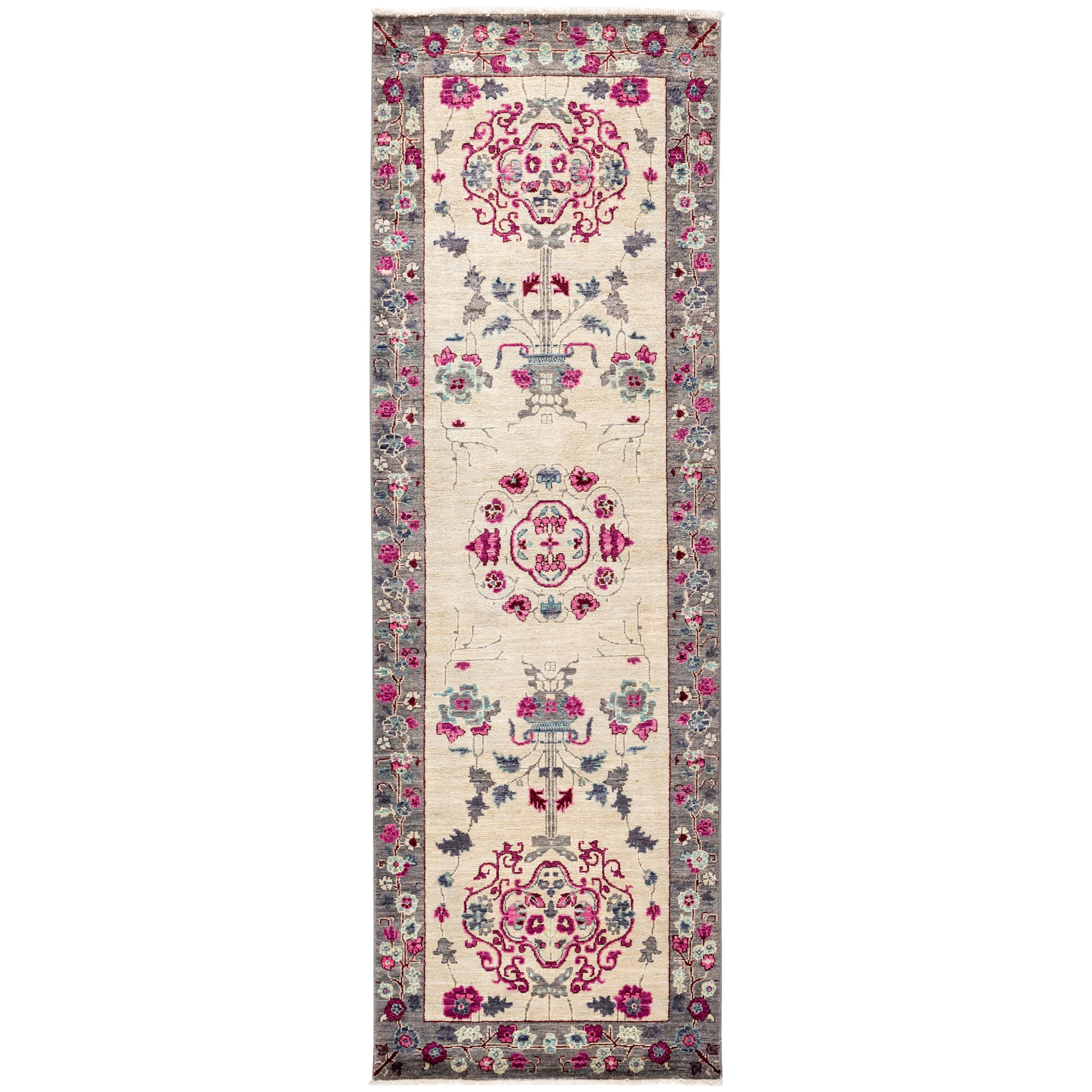 One-of-a-Kind Patterned & Floral Wool Hand Knotted Runner, Ivory