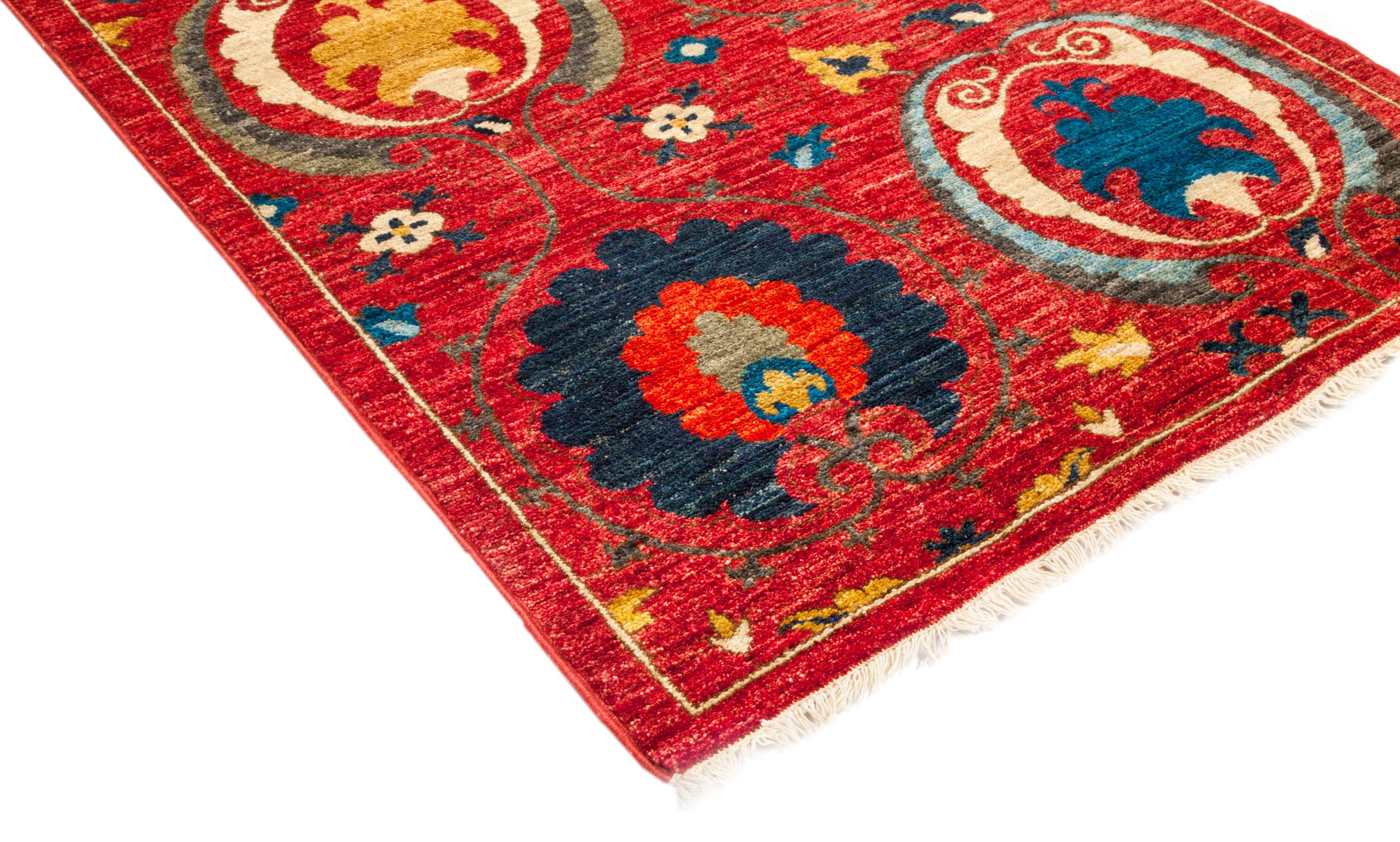Color: Red, made in Pakistan. 100% wool. Whether boasting a field of flowers or ancient tribal symbols, patterned rugs are the easiest way to enrich a space. Subtle colors and intricate motifs reinforce the quiet sophistication of a traditional