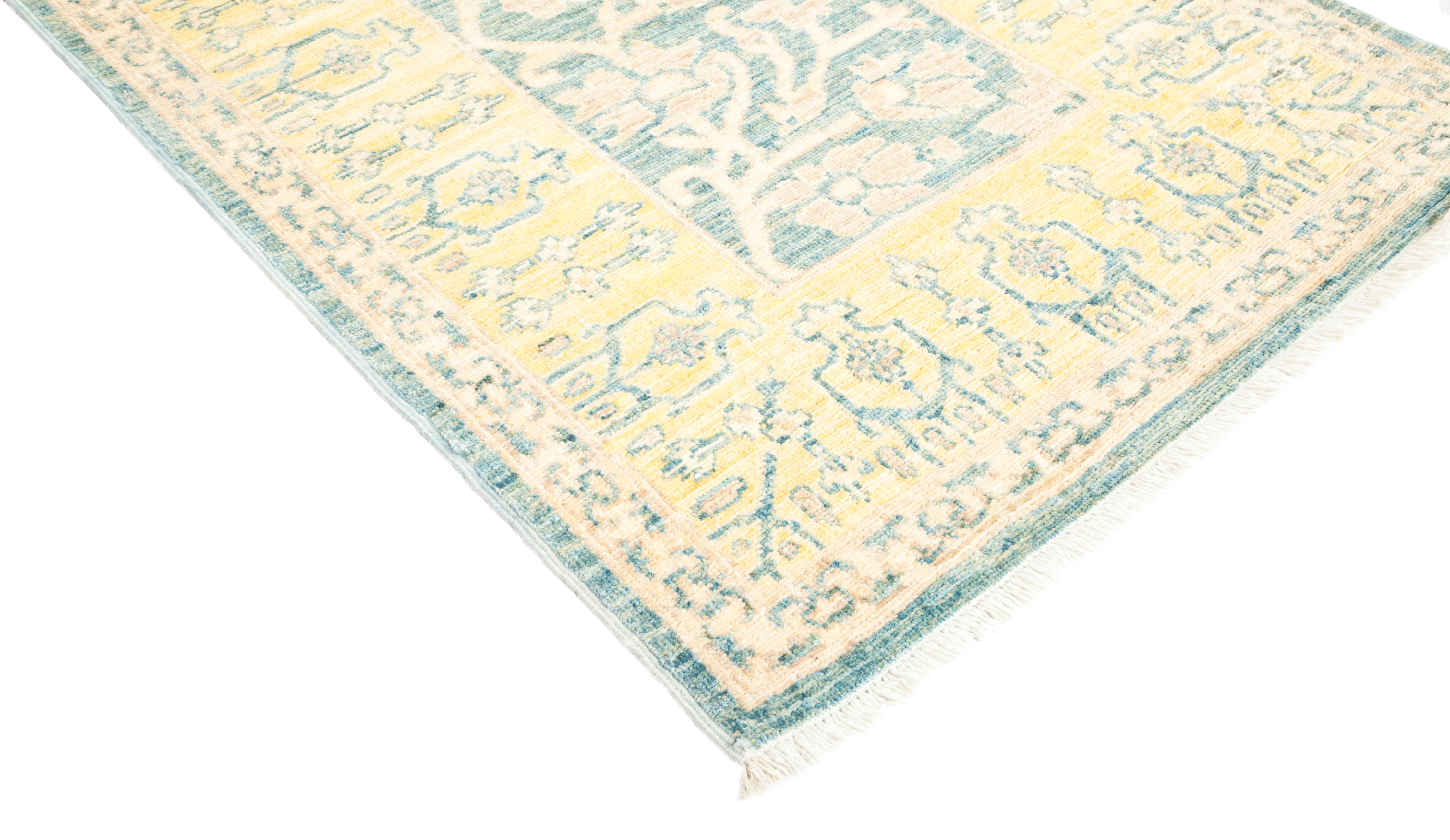Color: Green, made in Pakistan. 100% wool. Whether boasting a field of flowers or ancient tribal symbols, patterned rugs are the easiest way to enrich a space. Subtle colors and intricate motifs reinforce the quiet sophistication of a traditional