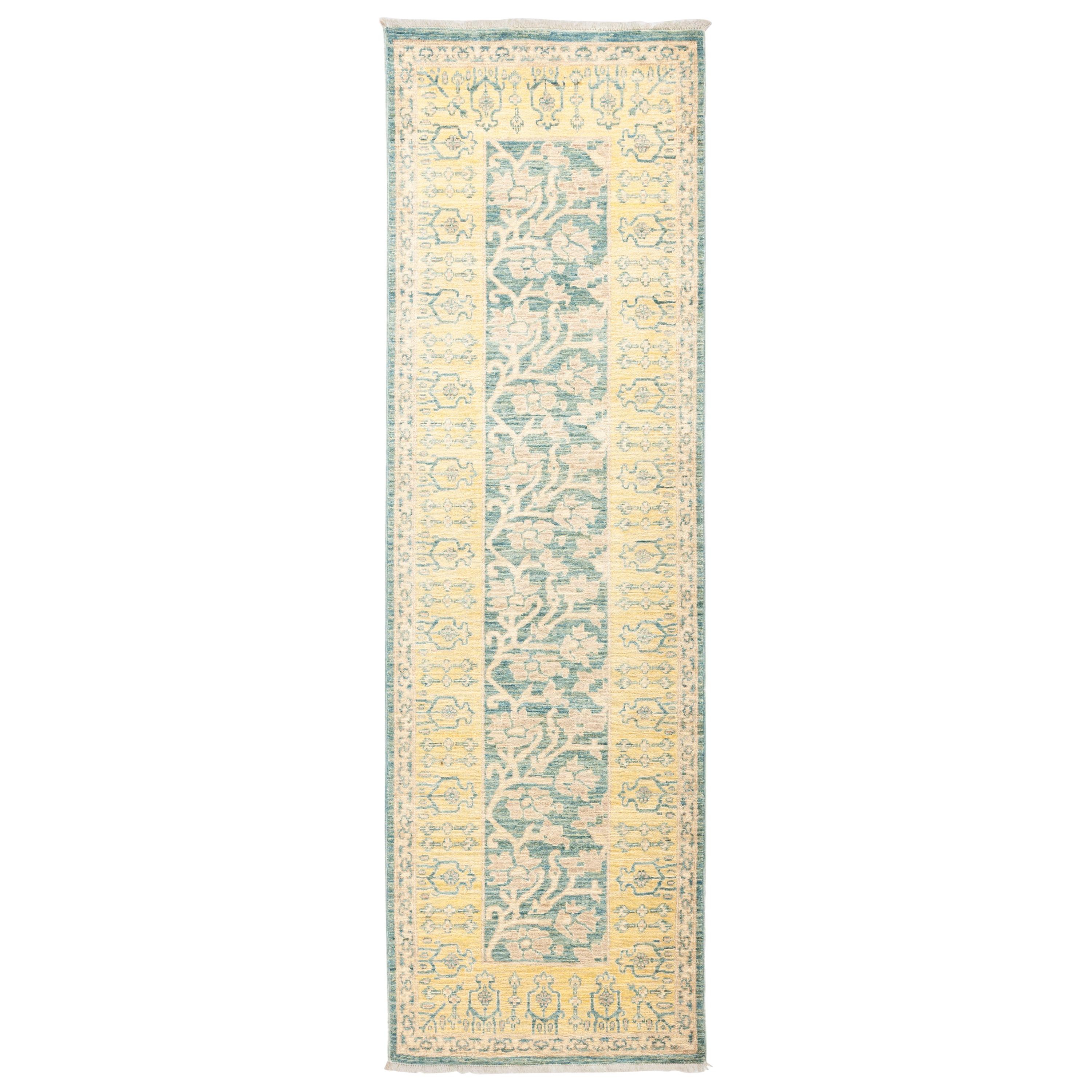 One of a Kind Patterned & Floral Wool Hand Knotted Runner, Seafoam