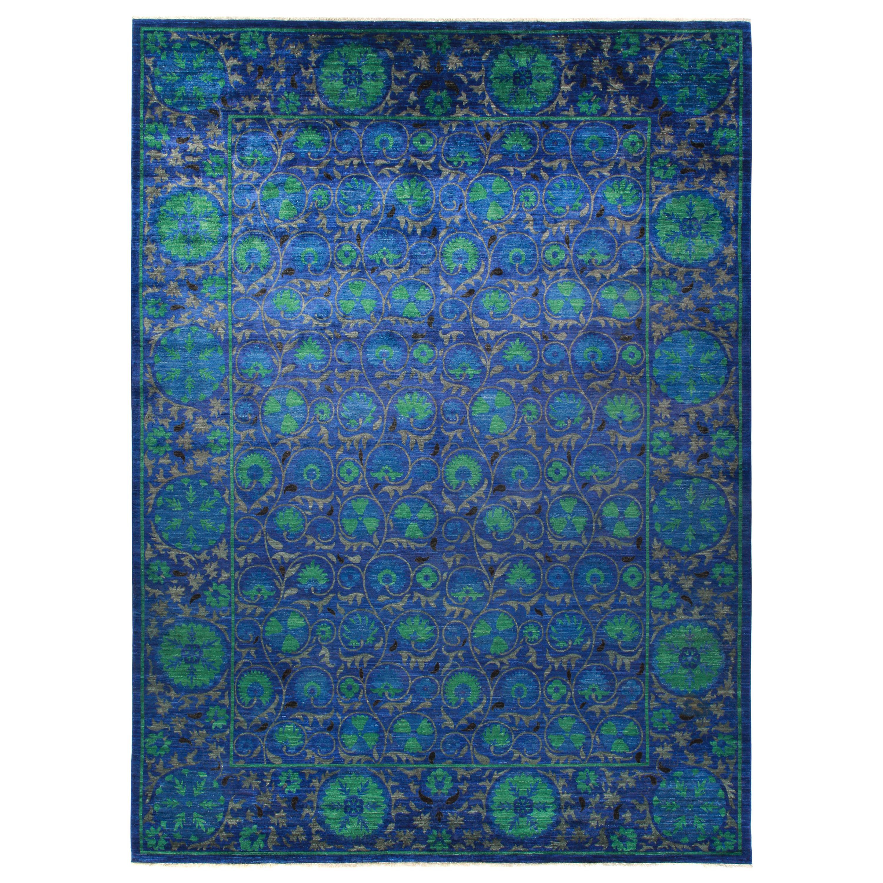 One-of-a-Kind Patterned 
Floral Wool Handmade Area Rug, Cobalt