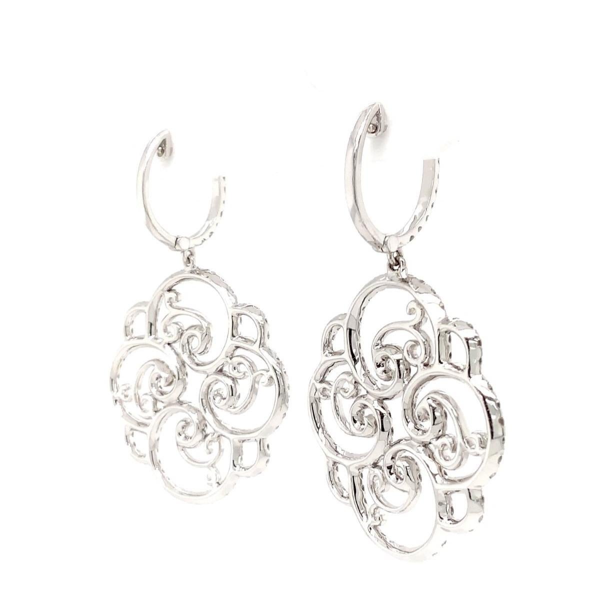 One of a Kind Pavée Diamond Filigree Swirl Drop Earrings 18k White Gold In New Condition For Sale In Los Gatos, CA