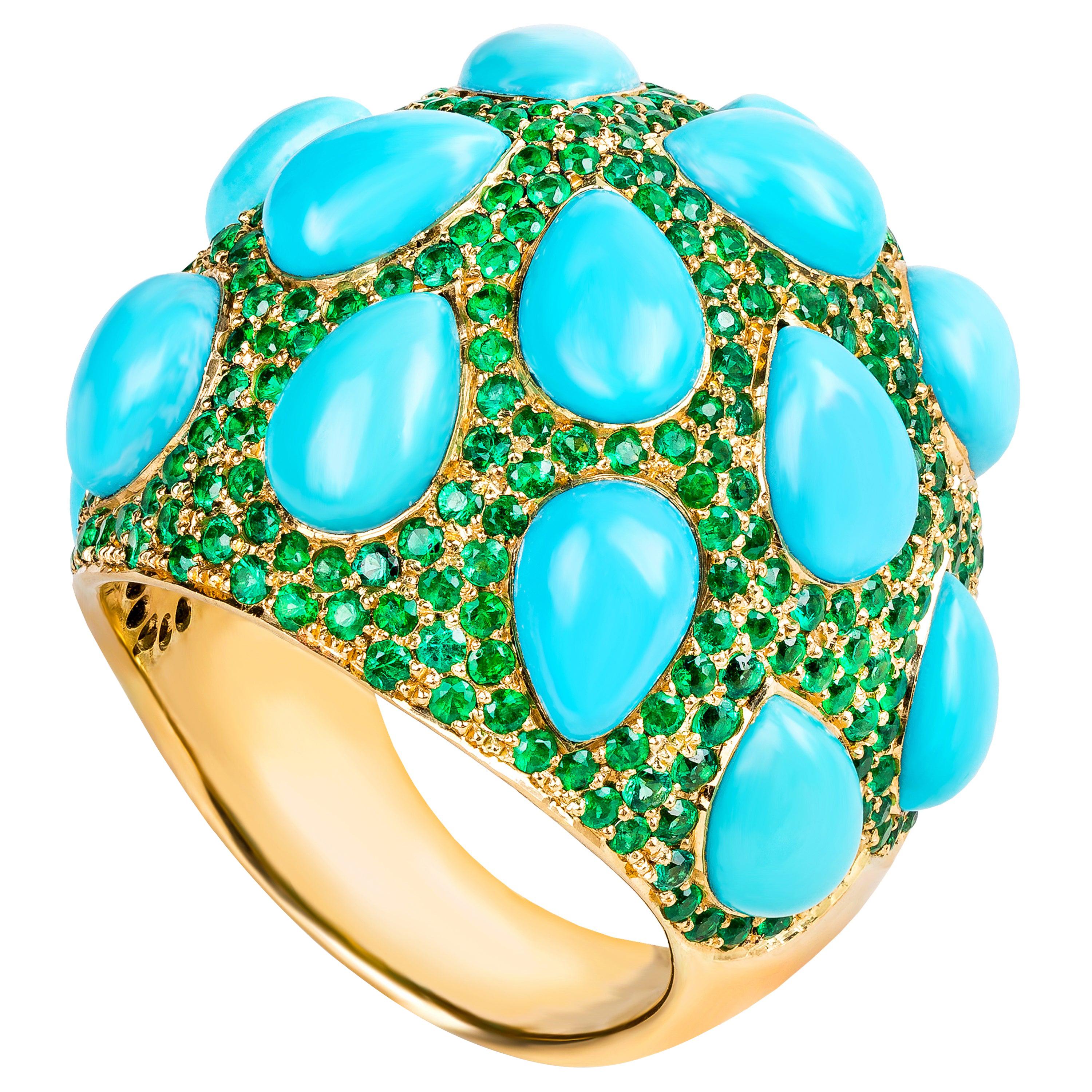 Rosior Pear Cut Turquoise and Emerald Cocktail Ring in Yellow Gold