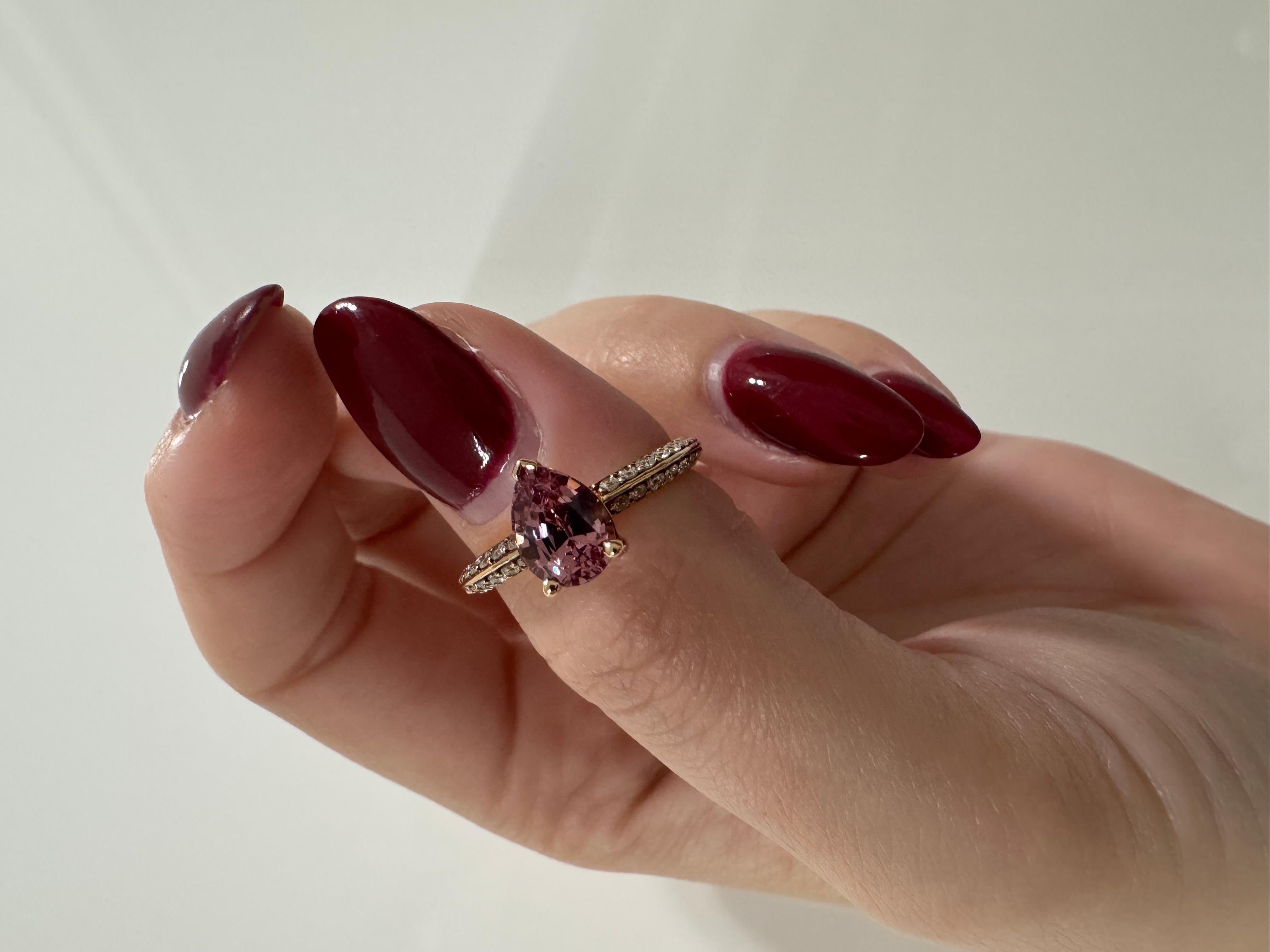 One-of-a-Kind Pear Pink Garnet & Diamond 18K Rose Gold Ring For Sale 3