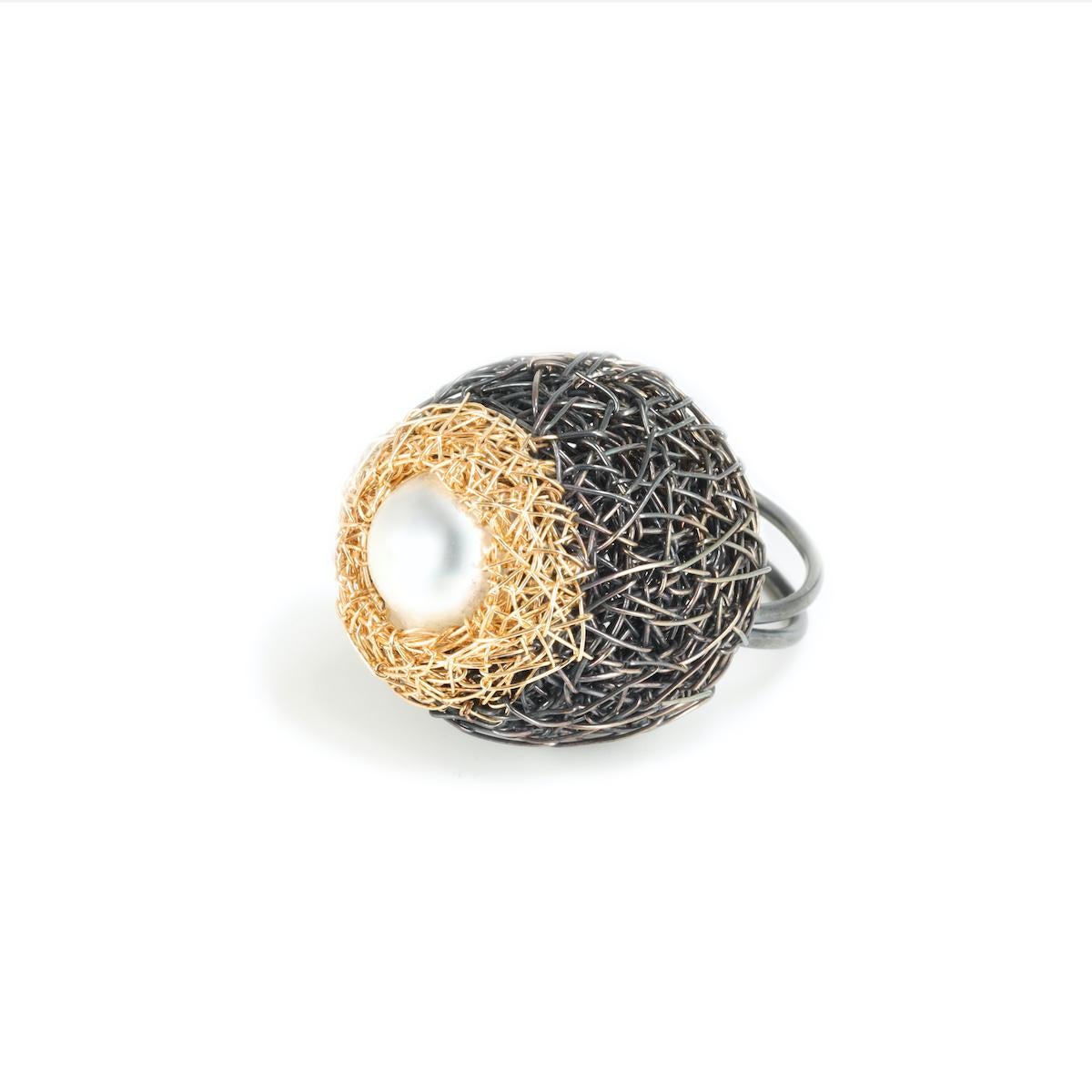 Bead One Off Pearl Ring 14 K Yellow Gold F. Blackened silver by the artist