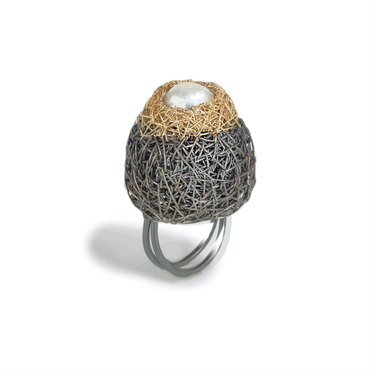 One Off Pearl Ring 14 K Yellow Gold F. Blackened silver by the artist 2