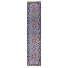 One of a Kind Persian Isfahan Wool Silk Blend Handmade Runner, Cloud