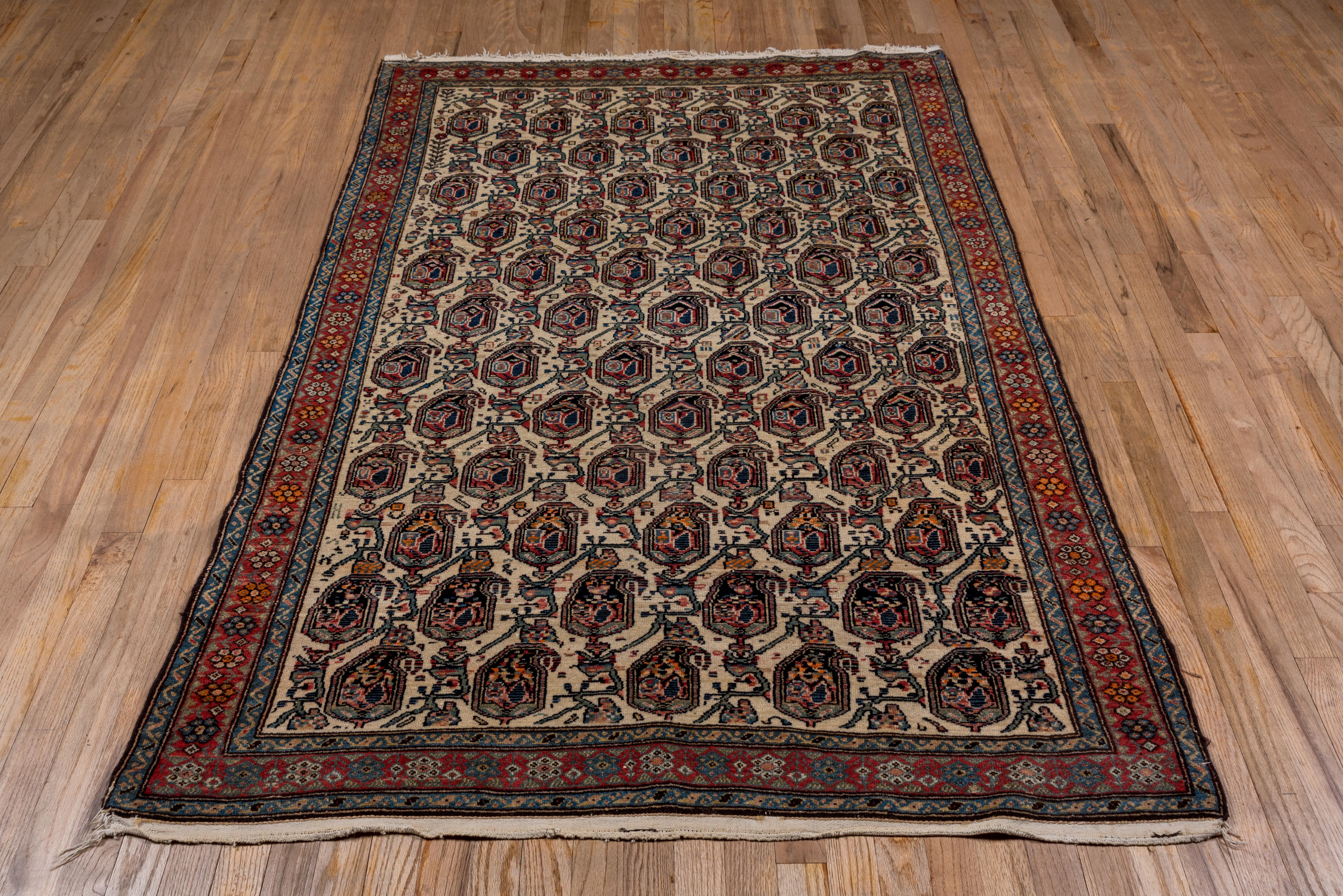 Hand-Knotted One of a Kind Persian Malayer Rug, All-Over Ivory Field, Blue and Rust Accents For Sale