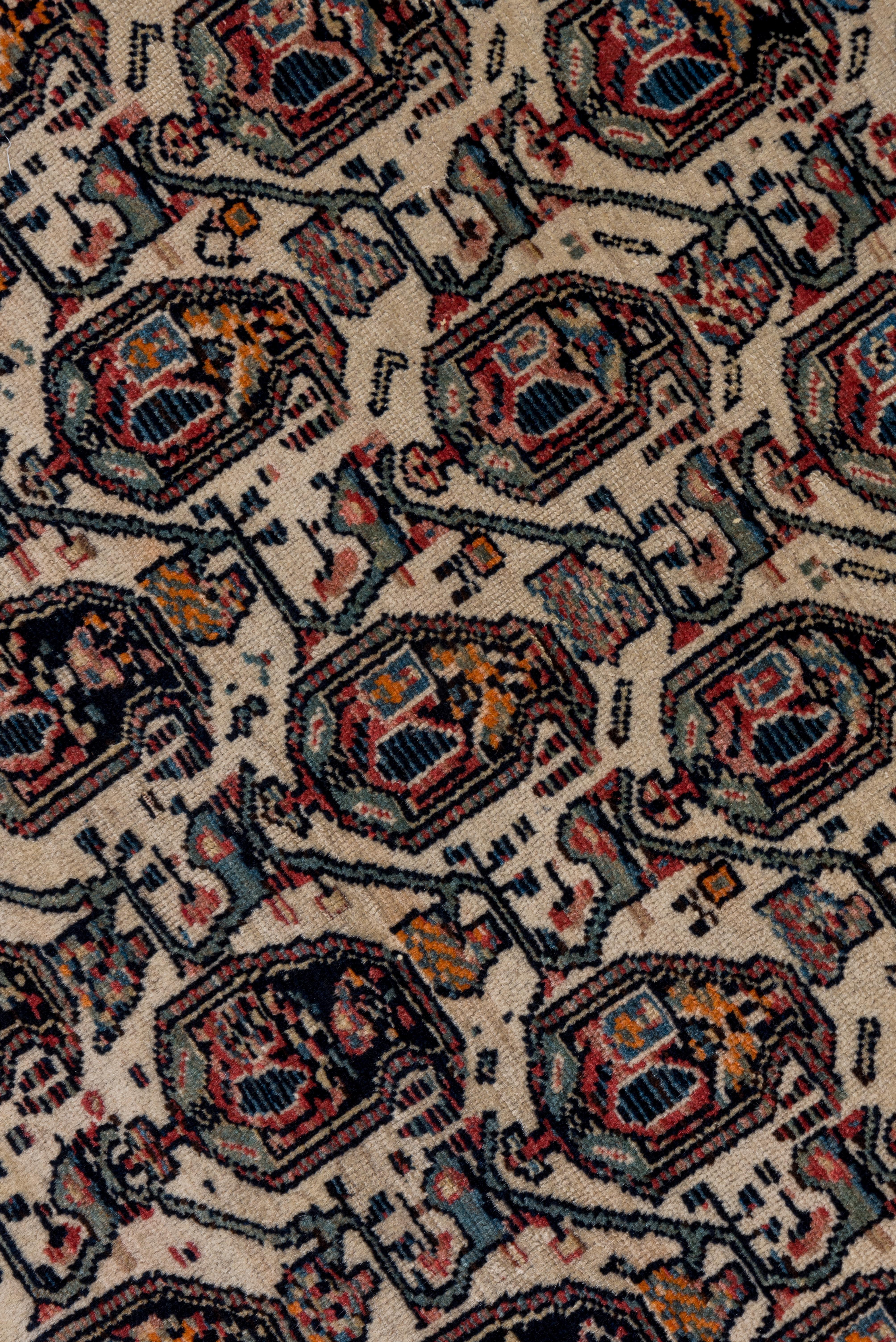 Early 20th Century One of a Kind Persian Malayer Rug, All-Over Ivory Field, Blue and Rust Accents For Sale