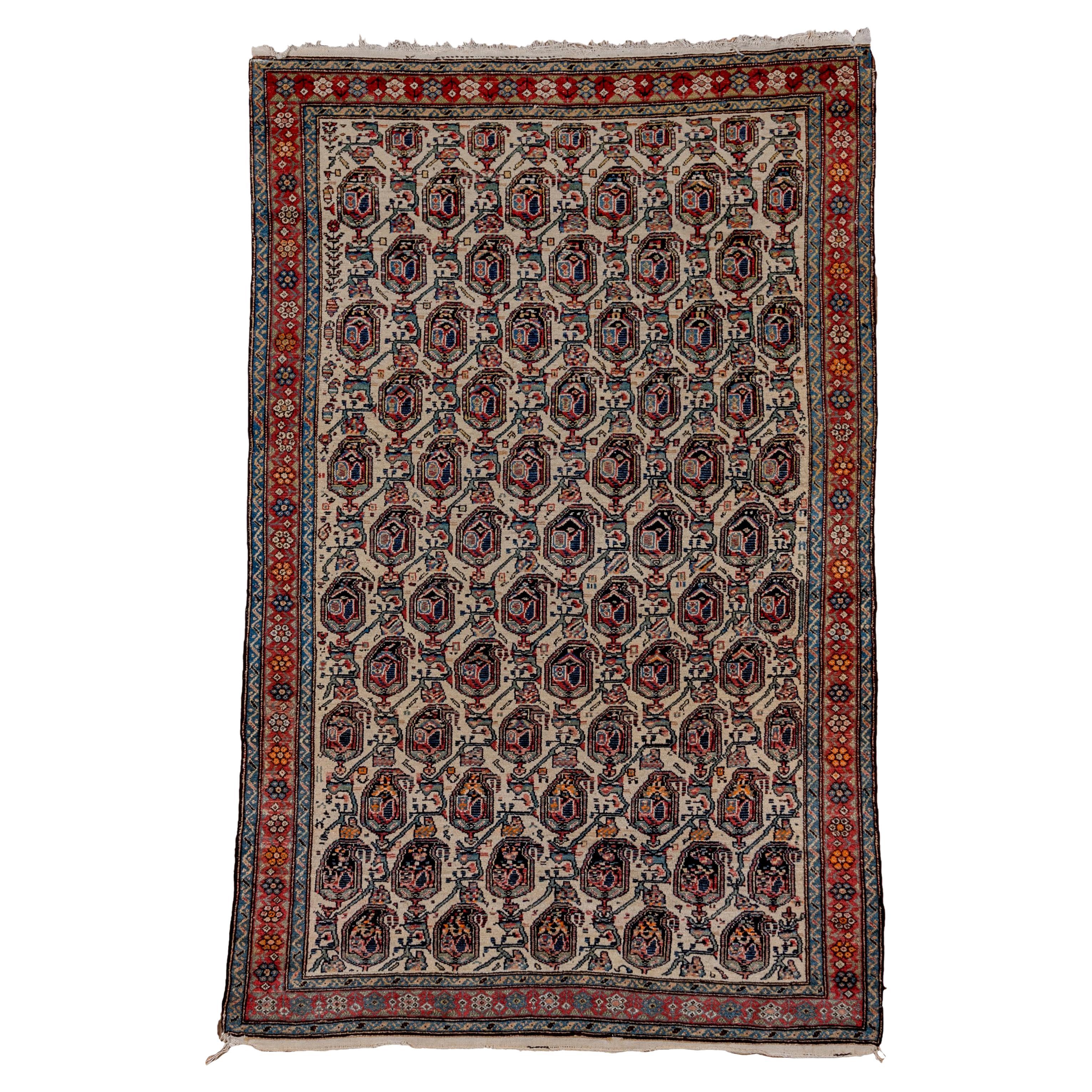 One of a Kind Persian Malayer Rug, All-Over Ivory Field, Blue and Rust Accents For Sale