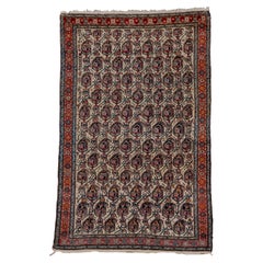 One of a Kind Persian Malayer Rug, All-Over Ivory Field, Blue and Rust Accents