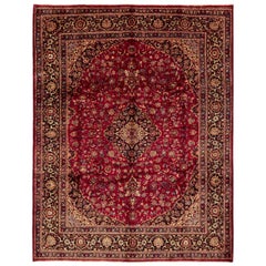 One-of-a-Kind Persian Mashad Wool Hand Knotted Area Rug, Carmine