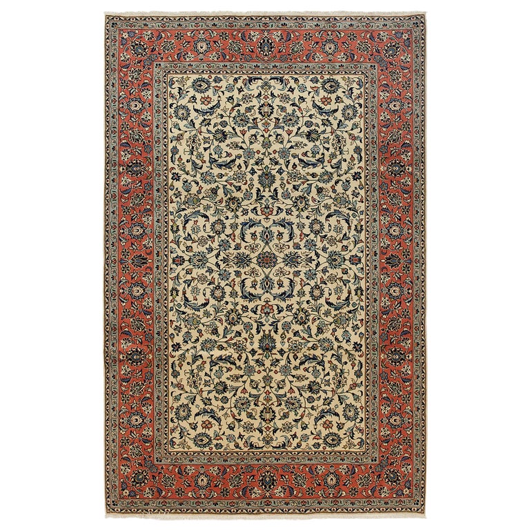 One of a Kind Persian Yazd Wool Hand Knotted Area Rug, Parchment at 1stDibs