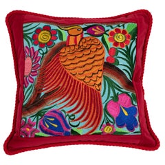 One-of-a-Kind Pillow with Cranberry Guatemalan Bird and Flower Embroidery