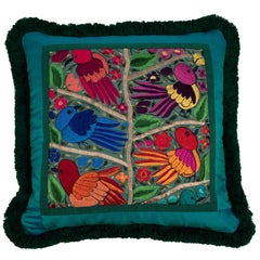 One-of-a-Kind Pillow with Green Guatemalan Bird and Flower Embroidery