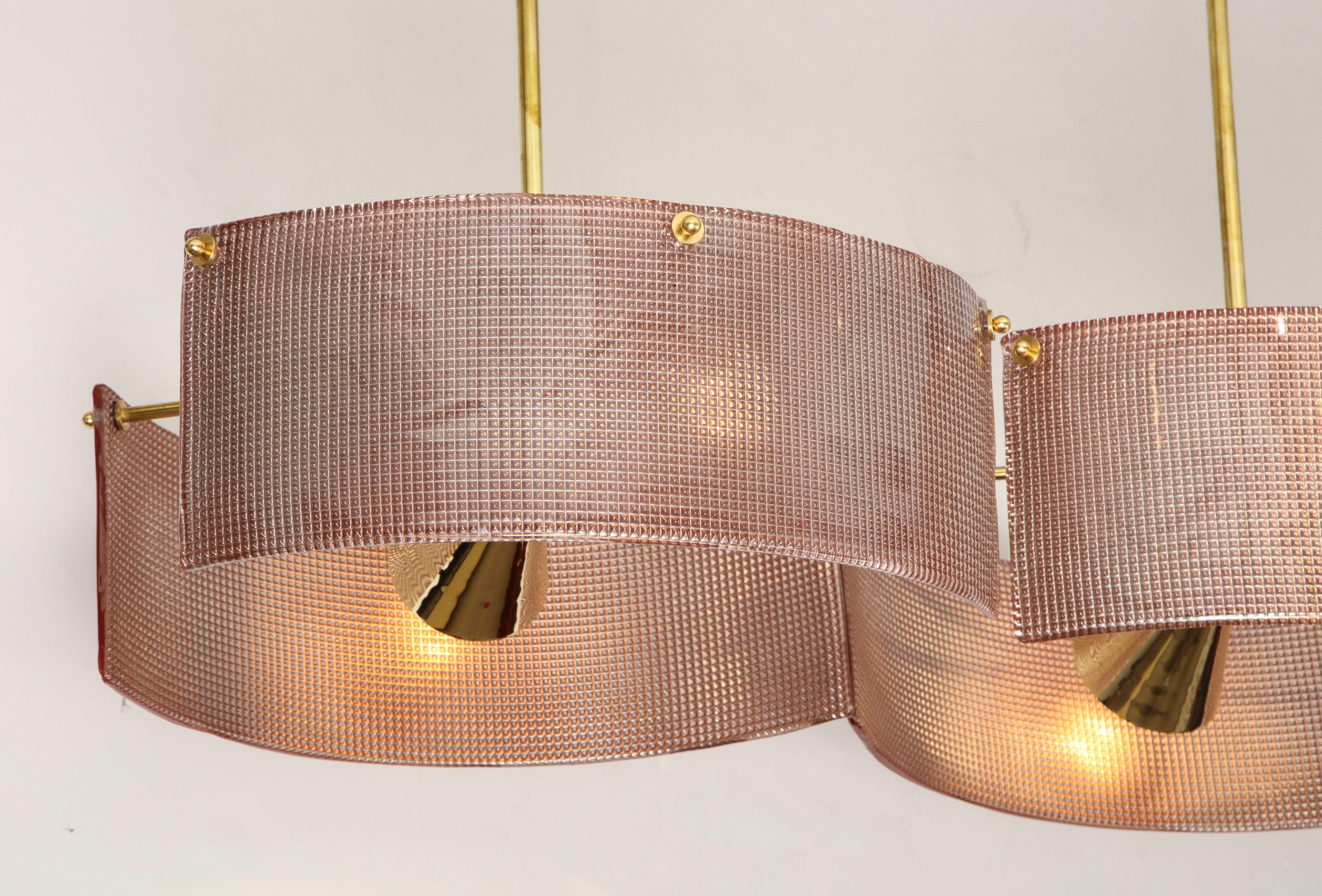 Hand-Crafted One of a Kind Pink Blush Murano Glass Shields and Brass Chandelier, Italy, 2020