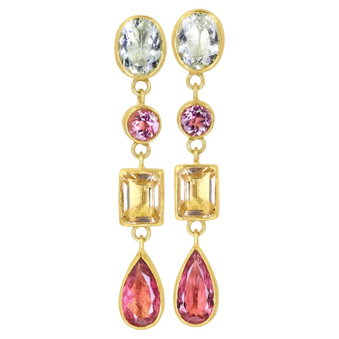One-of-a-Kind Pink Tourmaline Aquamarine Citrine Drop Earrings, Petra Class 2024