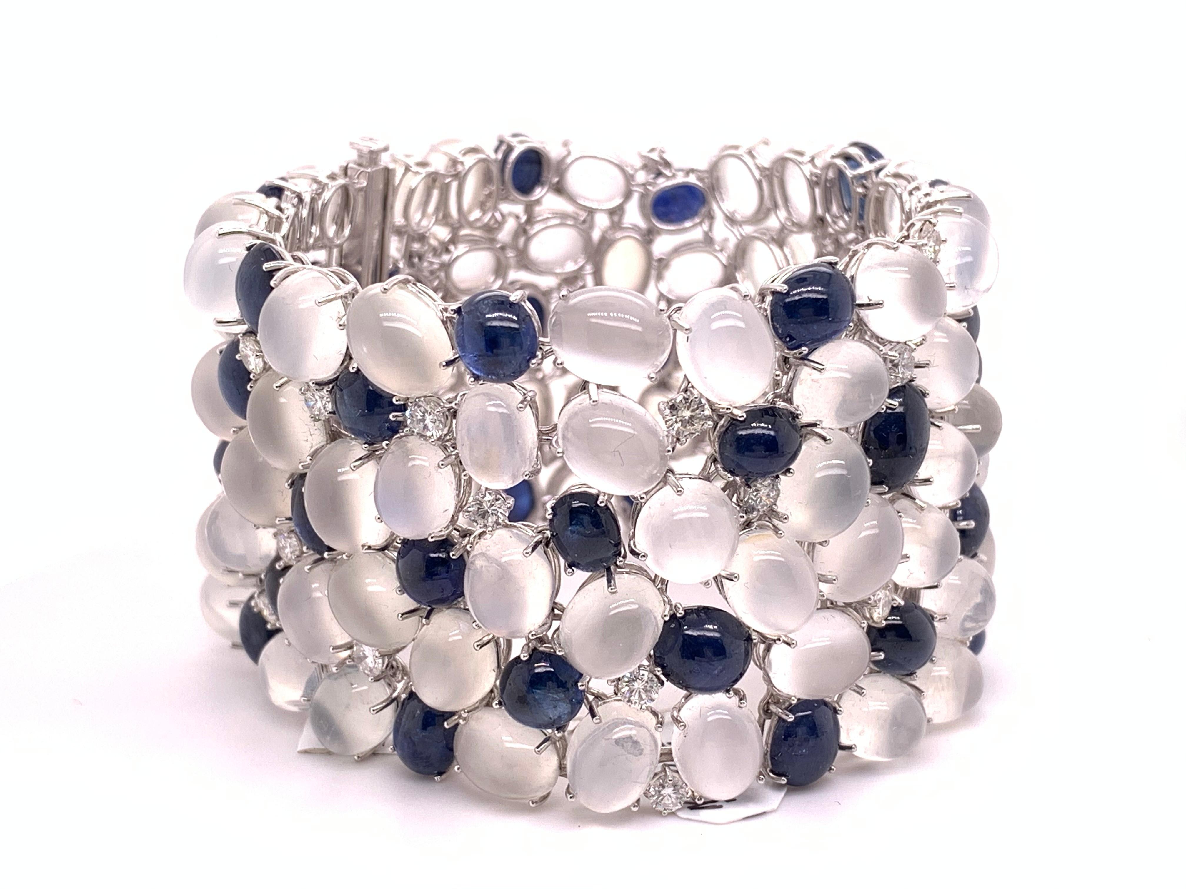 Round Cut One of a Kind Platinum 177.49 Carat Moonstone, Diamond and Sapphire Bracelet