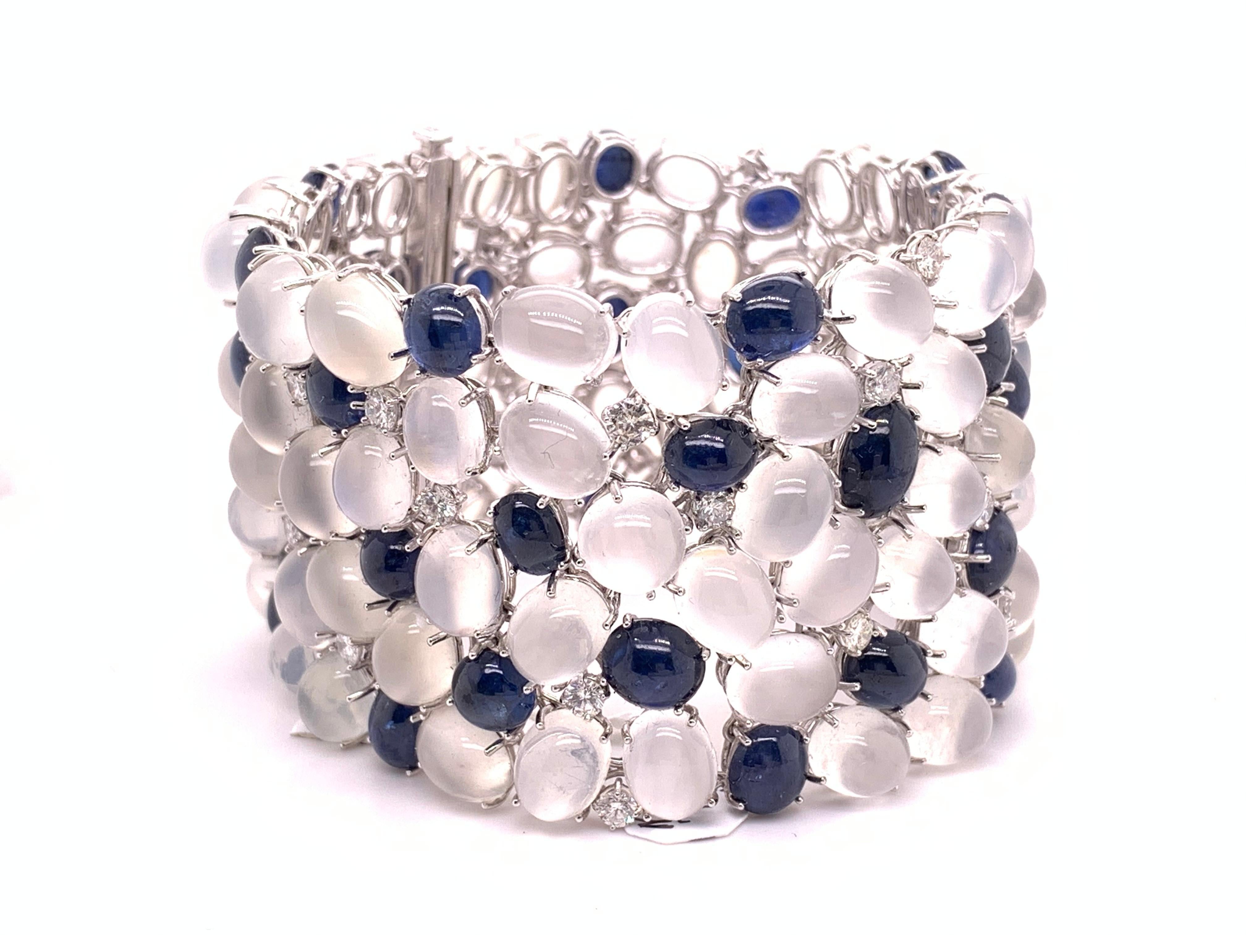 One of a Kind Platinum 177.49 Carat Moonstone, Diamond and Sapphire Bracelet In New Condition In New York, NY