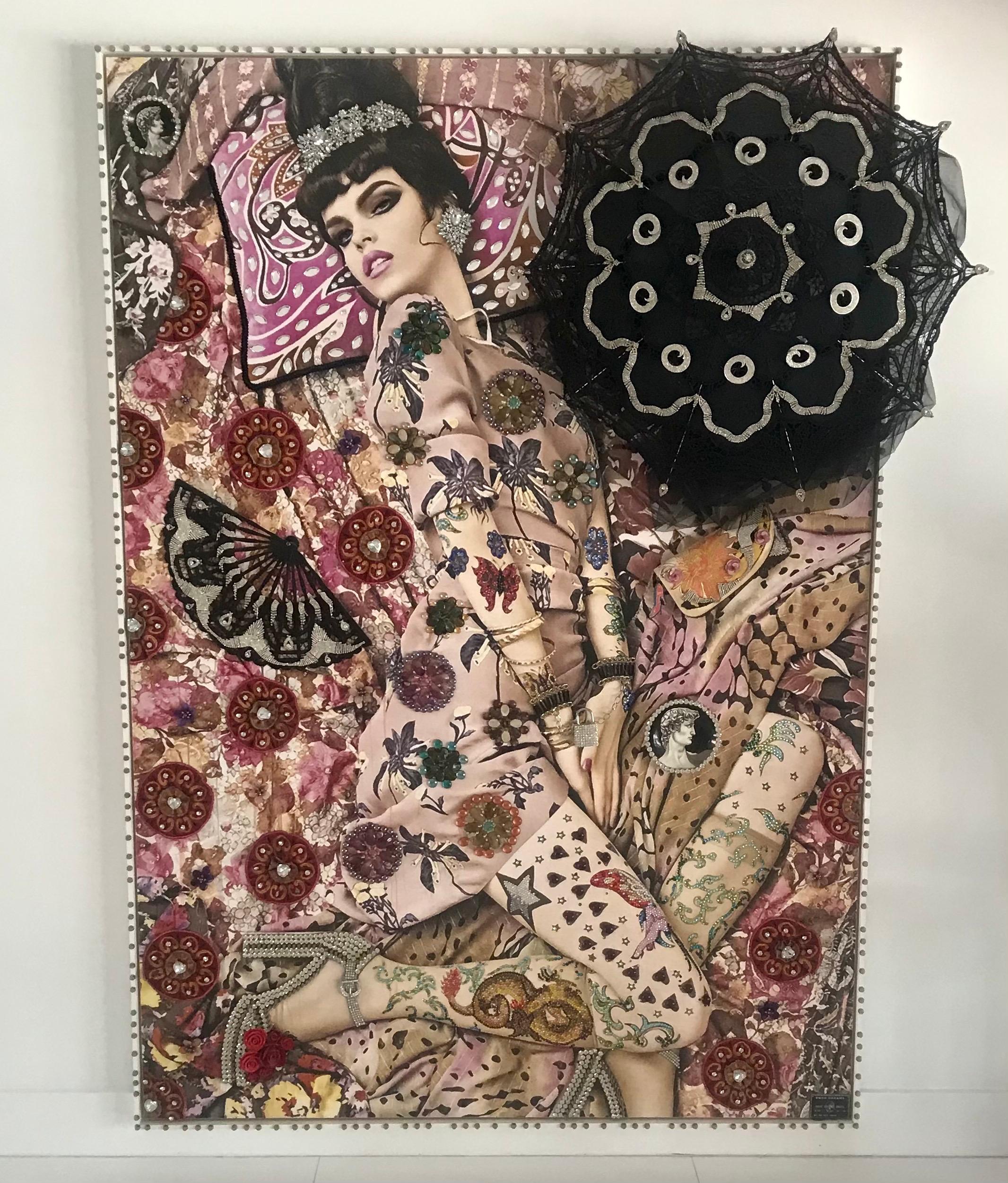 Large and unique silkscreen print depicting a three dimensional swirl of fabrics, crystals, studs, spikes and other treasures. This piece was created and shown at art Basel, Miami 2016 to convey 