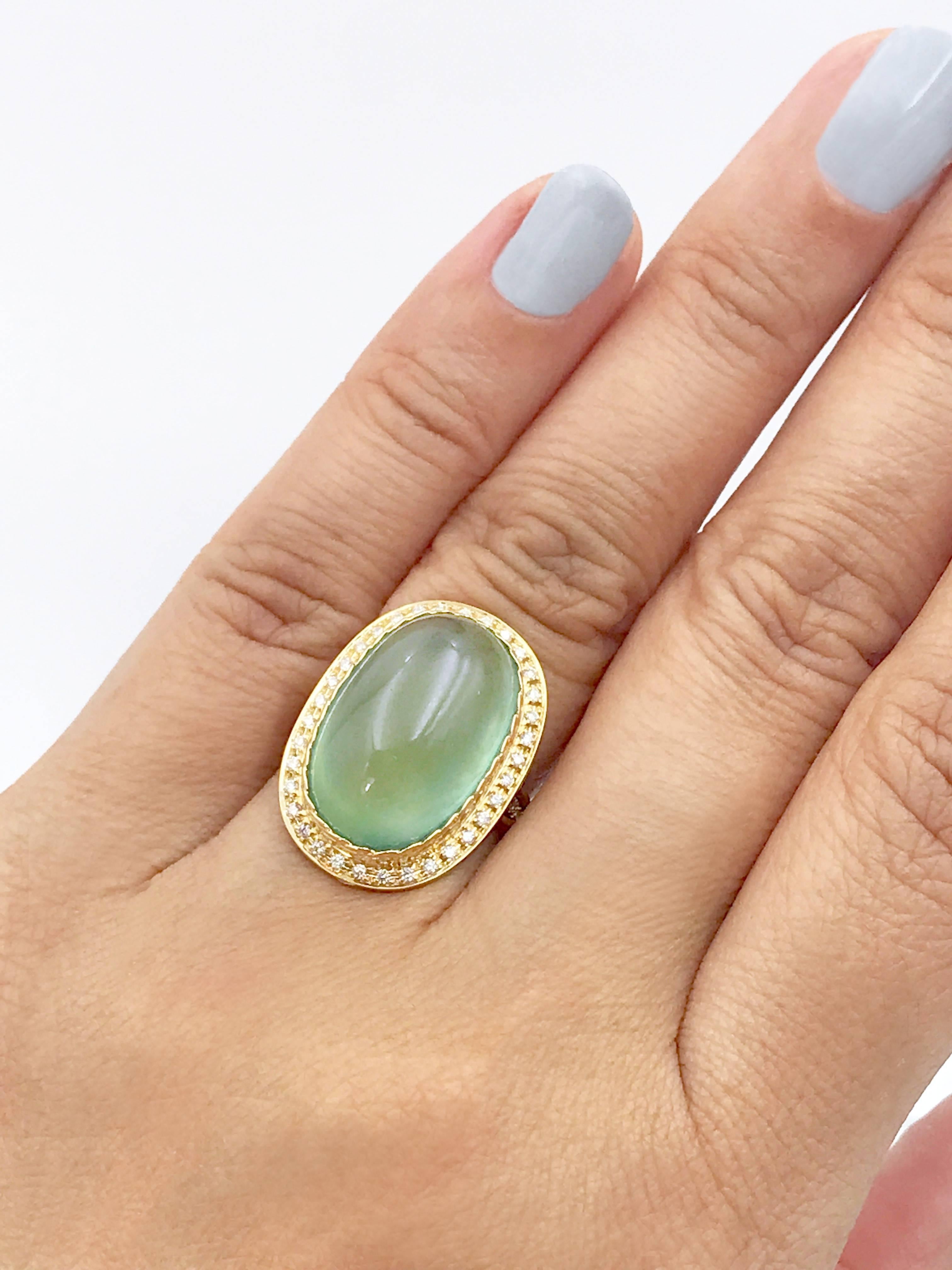 Women's One of a Kind Prehnite Diamond Halo Cocktail Ring 18 Karat in Stock For Sale