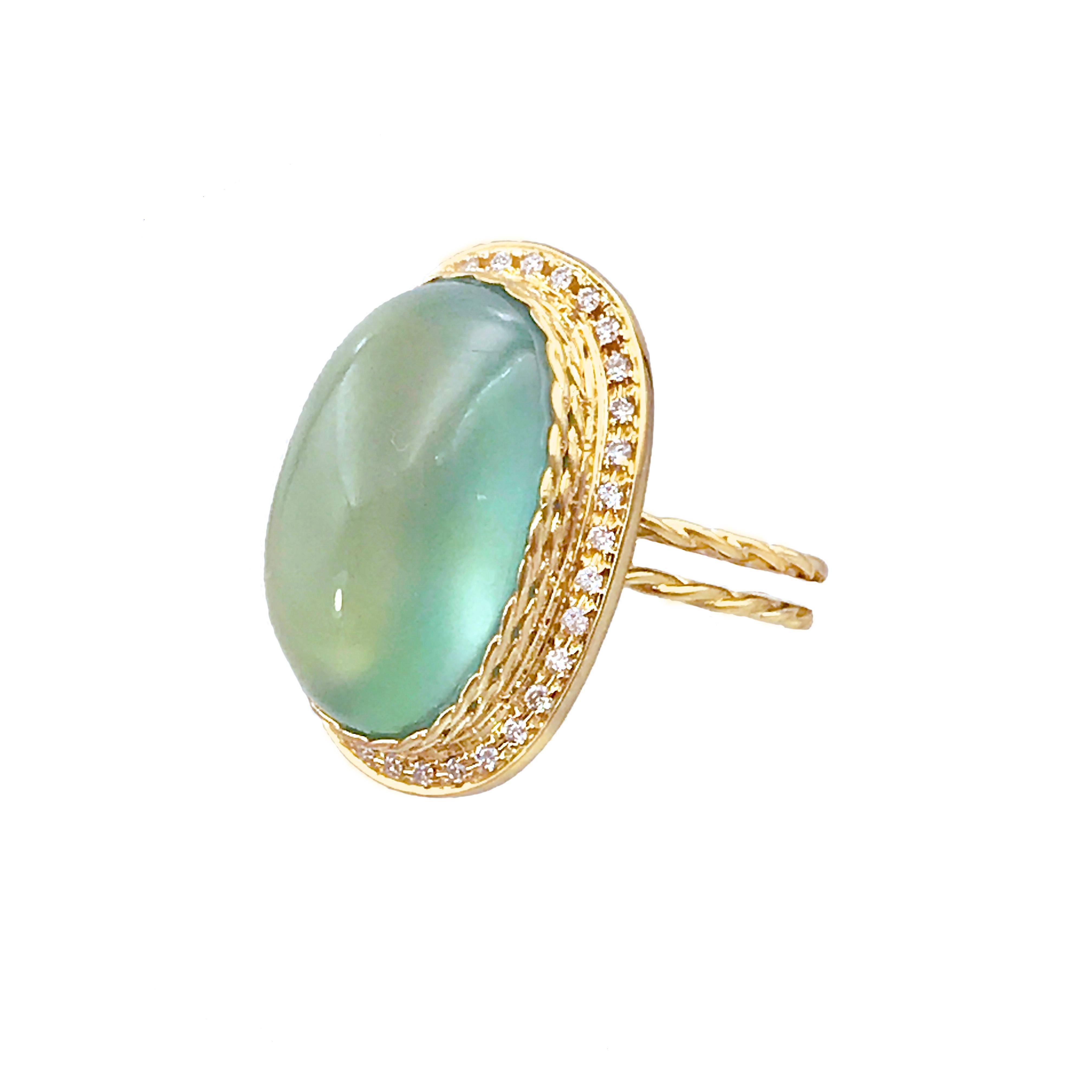 One of a Kind Prehnite Diamond Halo Cocktail Ring 18 Karat in Stock For Sale