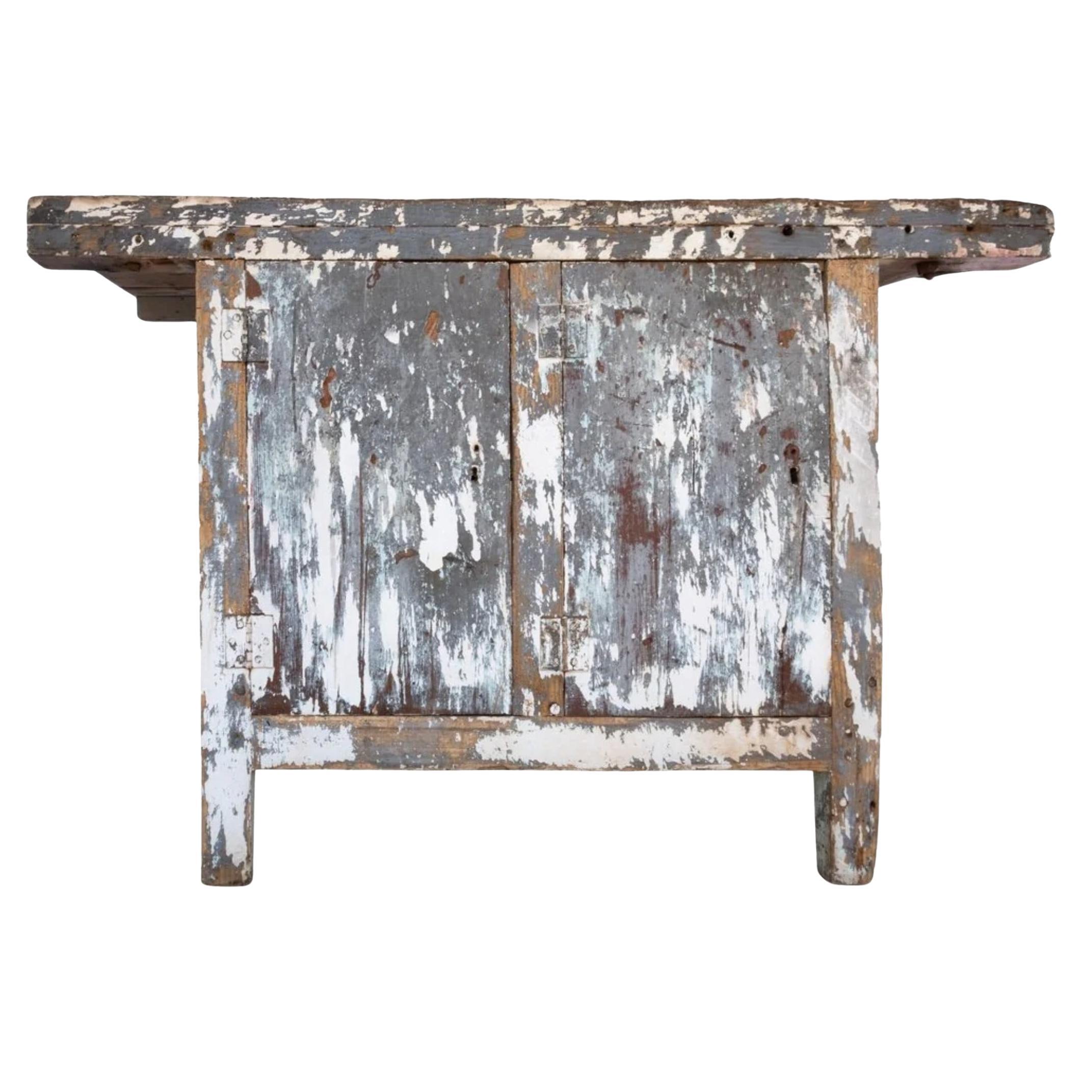 Table de travail primitive peinte, unique en son genre, cabinet utilitaire