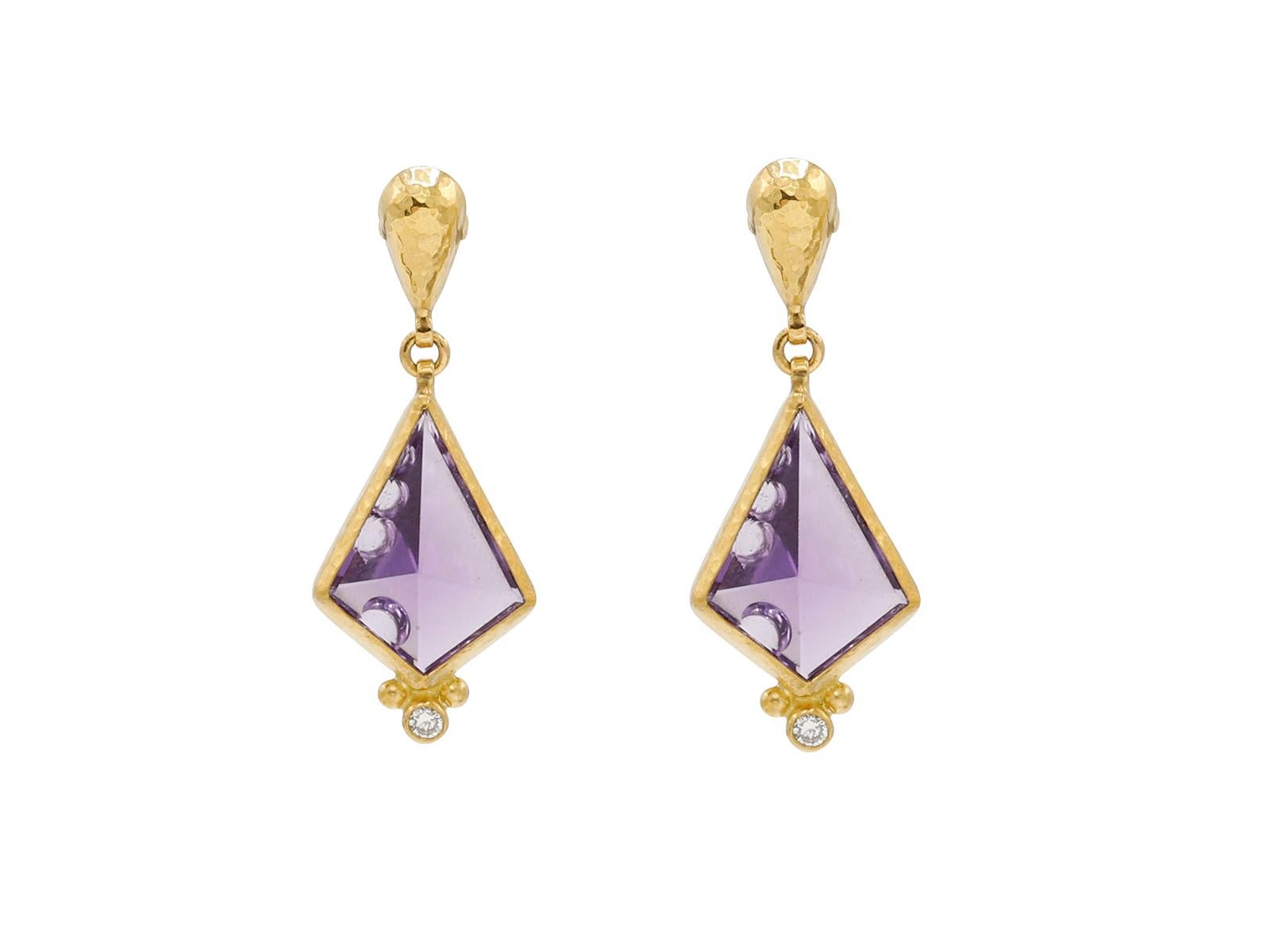 Artisan One-of-a-kind Prism Gold Drop Earrings, with Amethyst For Sale