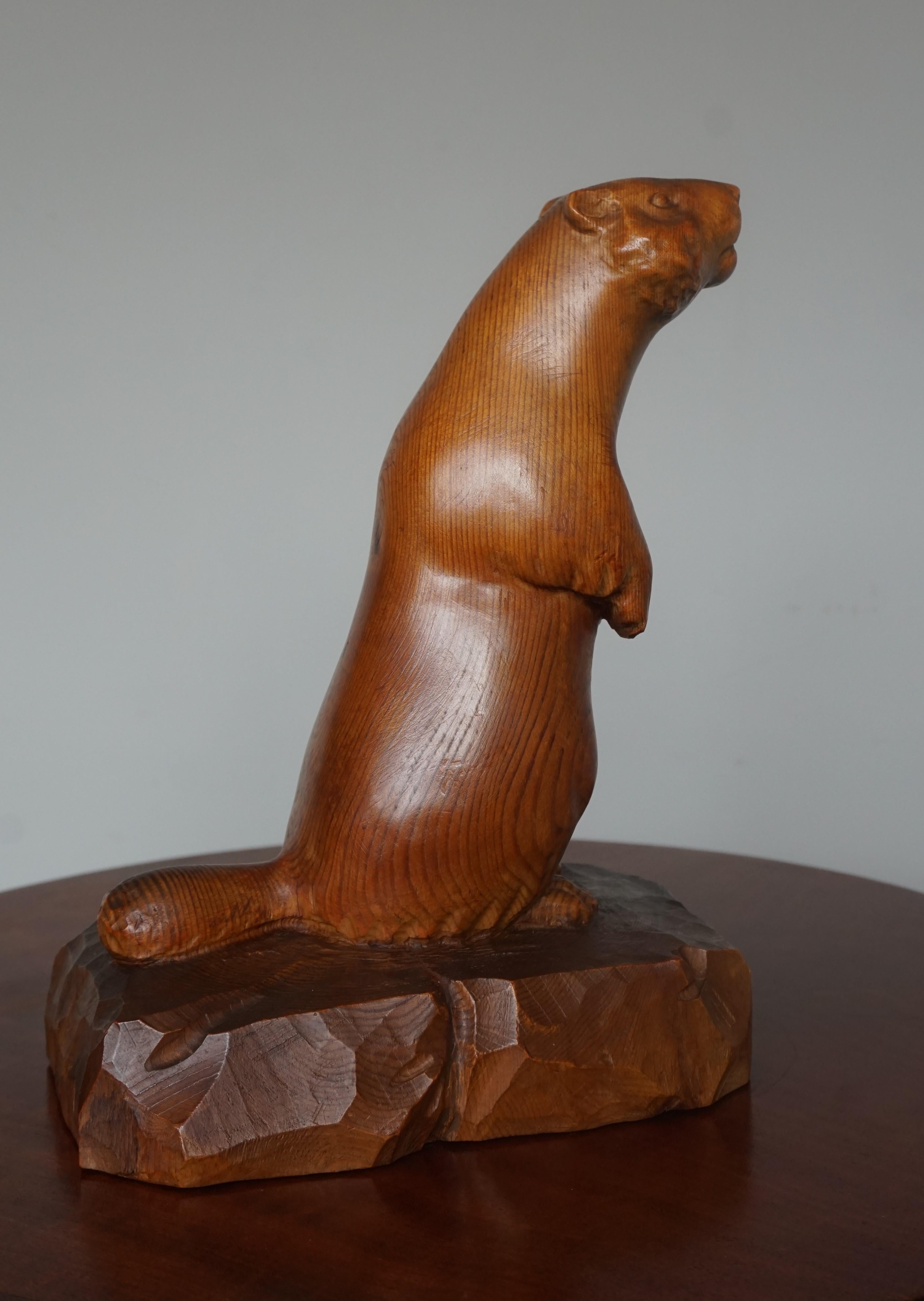 Wood One of a Kind and Professionally Hand Carved Antique Sculpture of a Groundhog For Sale