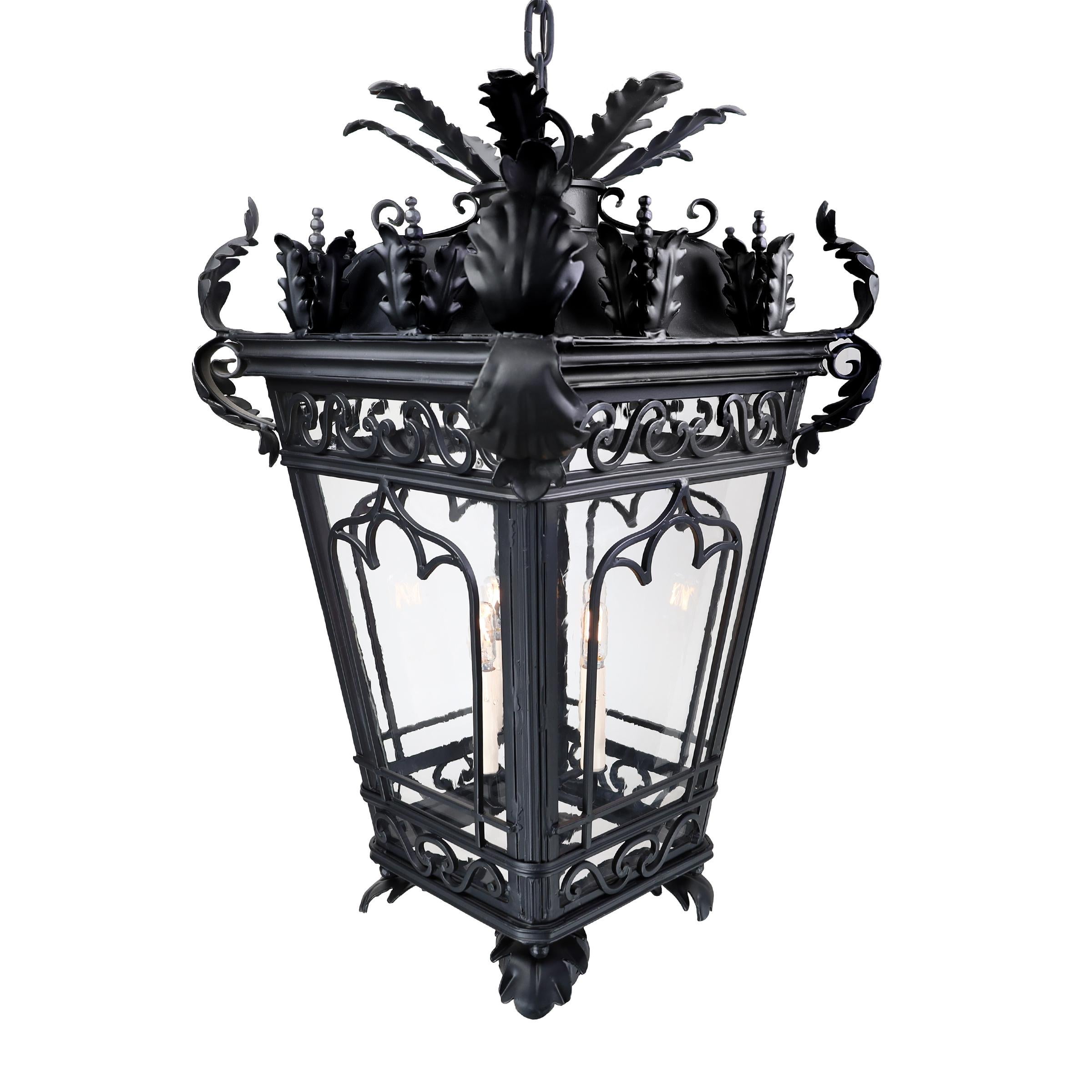 Our Rosa lantern is a Spanish Style, Antique, Ornamental Pendant Light Fixture we have refurbished by hand with premium, high quality, black finish paint and premium antique glass, that gives it a more old world feel and vintage aesthetic. This