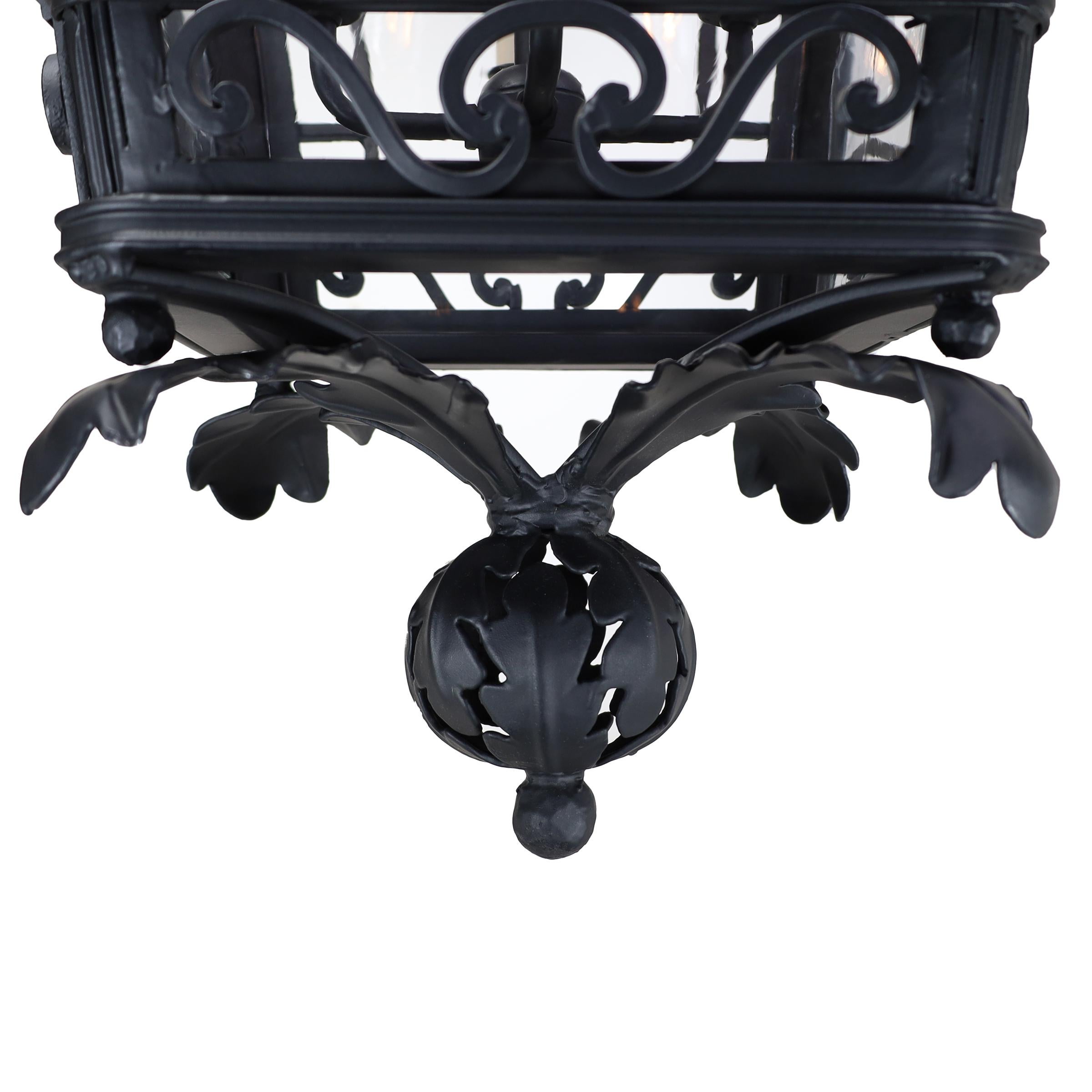 Spanish Colonial Antique Spanish Style Ornamental Black Pendant Light Fixture Refurbished by Hand For Sale