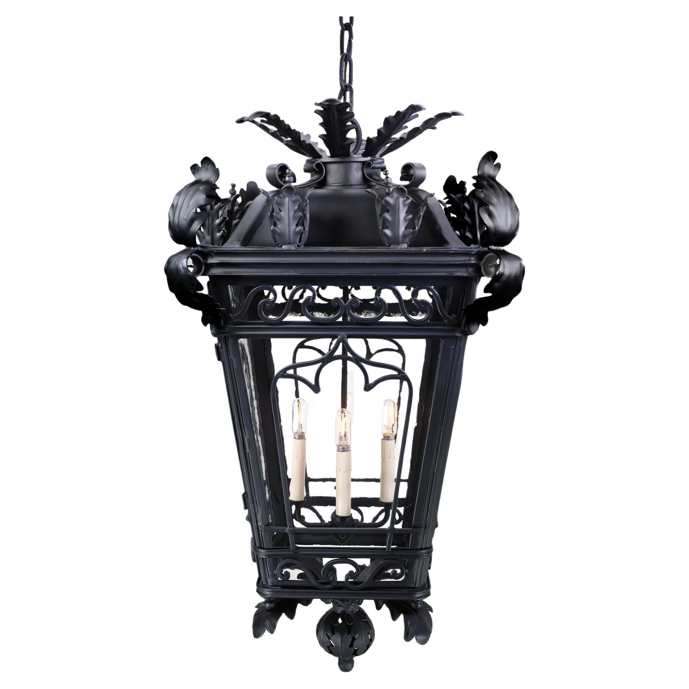 Antique Spanish Style Ornamental Black Pendant Light Fixture Refurbished by Hand For Sale