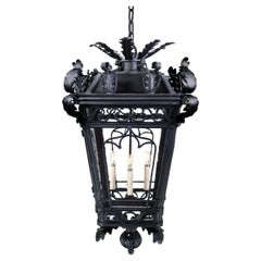 Antique Spanish Style Ornamental Black Pendant Light Fixture Refurbished by Hand