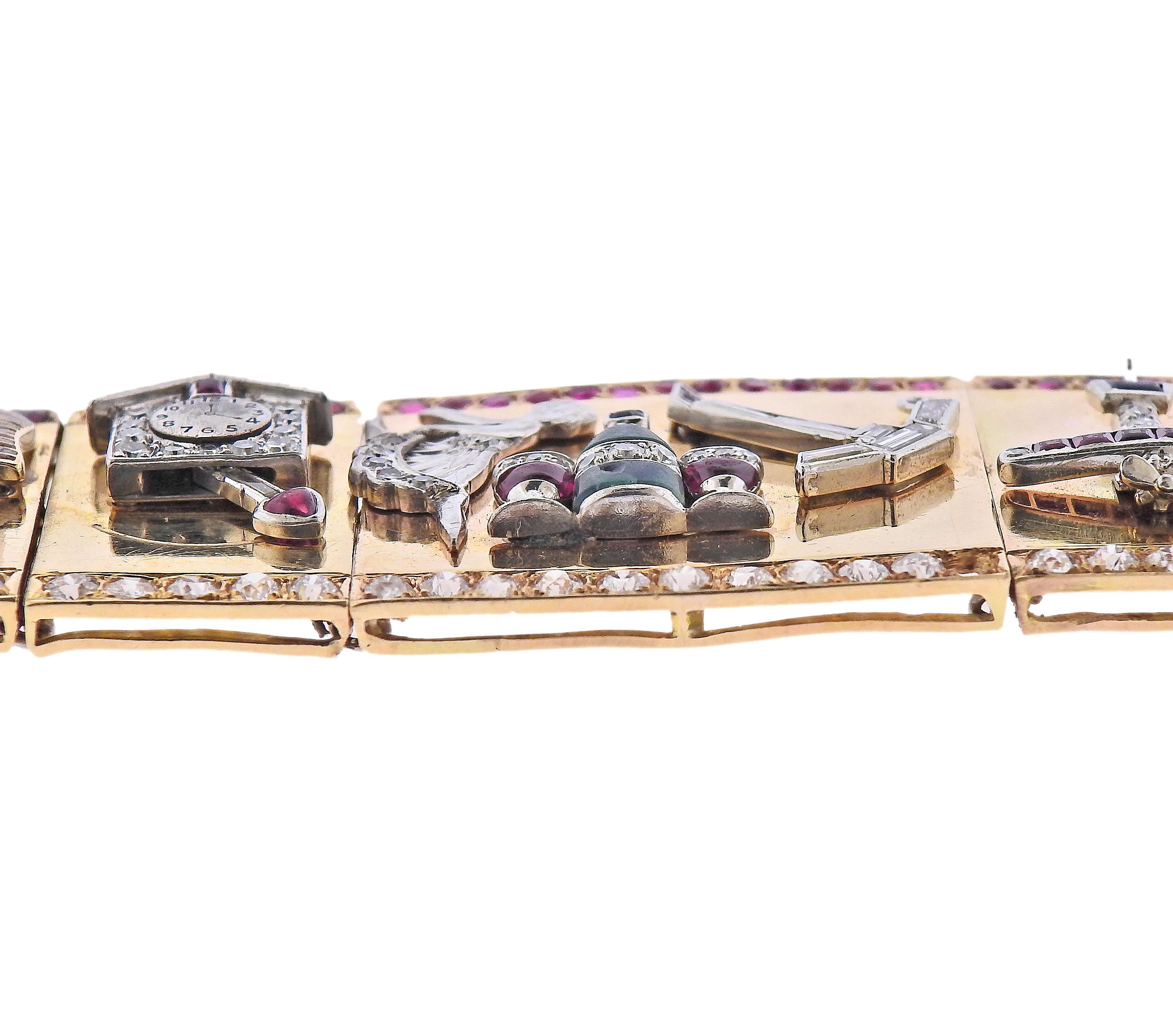 One of a Kind Retro Platinum Gold Diamond Ruby Sapphire Charm Bracelet Pour femmes en vente