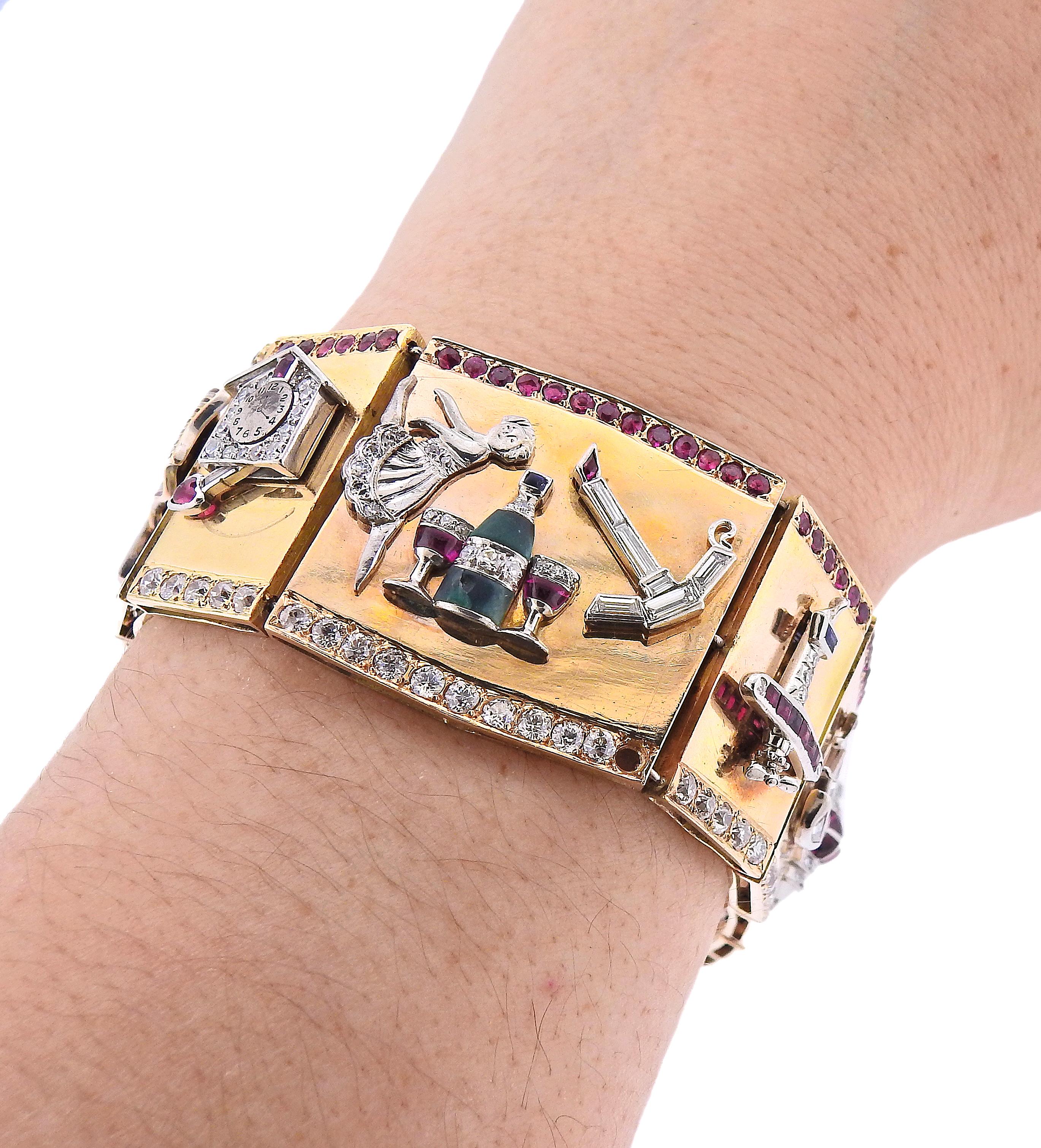 One of a Kind Retro Platinum Gold Diamond Ruby Sapphire Charm Bracelet For Sale 3