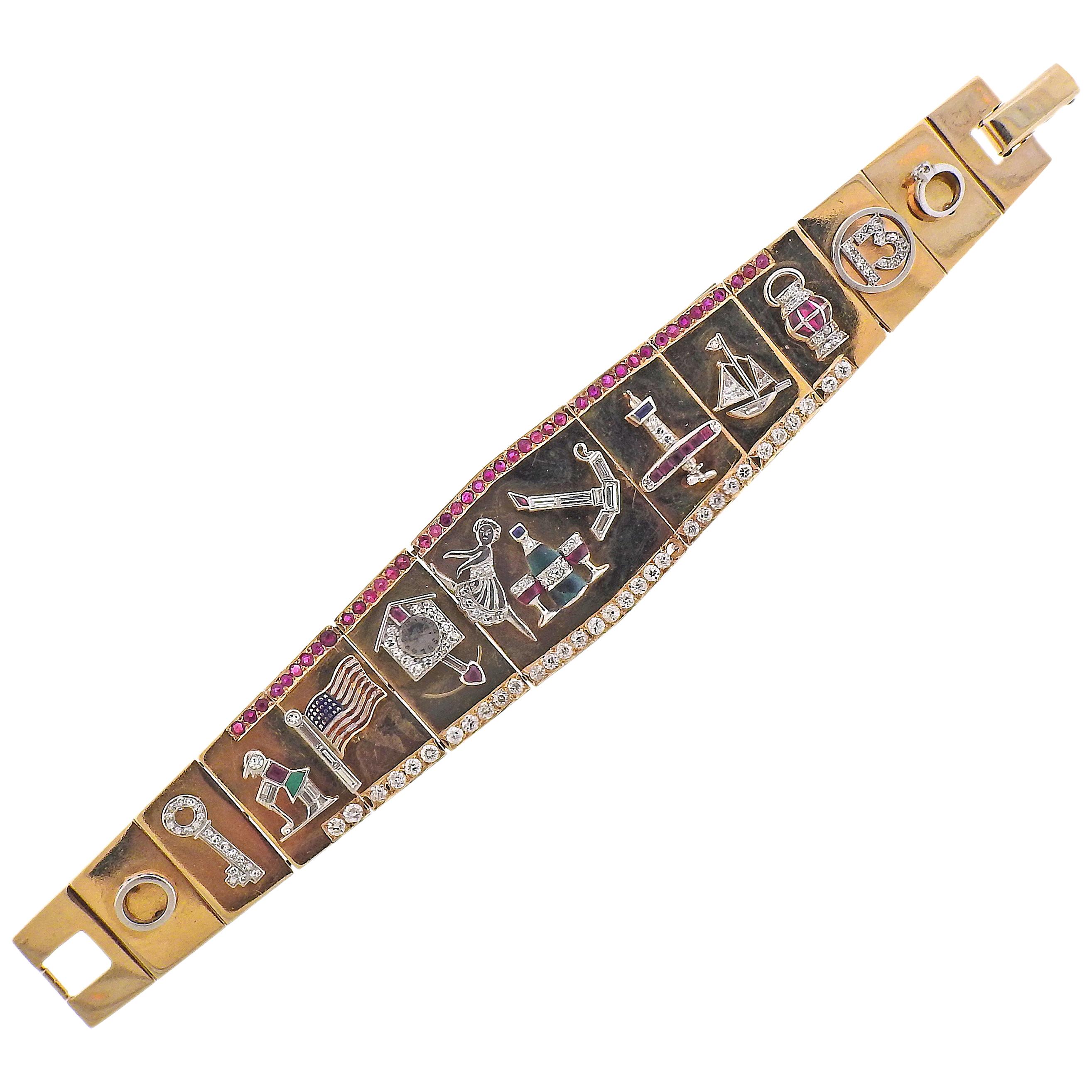 Einzigartiges Retro Platin-Gold-Diamant-Rubin-Saphir-Charm-Armband im Angebot