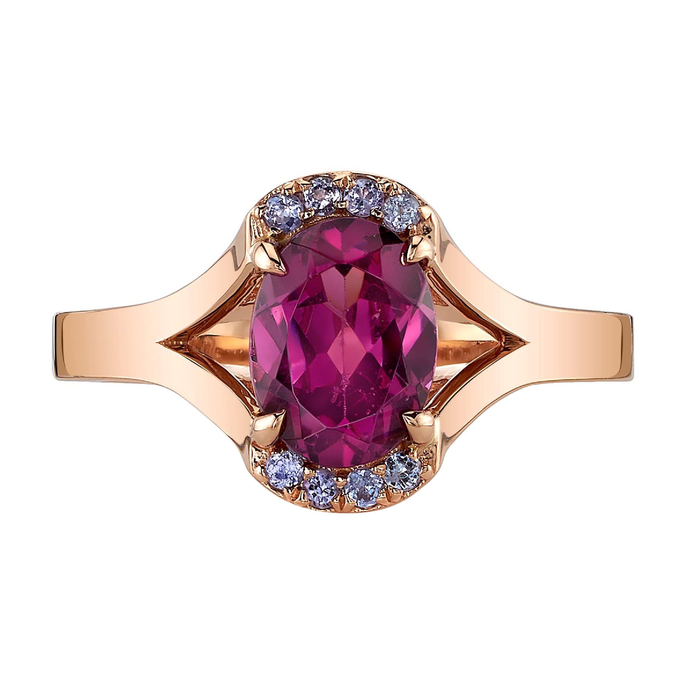 Anello unico in oro rosa 18 carati con granato di rodolite e tanzanite