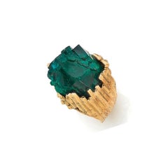 One of a Kind Roland Schad Rough Dioptase 18 Carat Yellow Gold Granite Ring