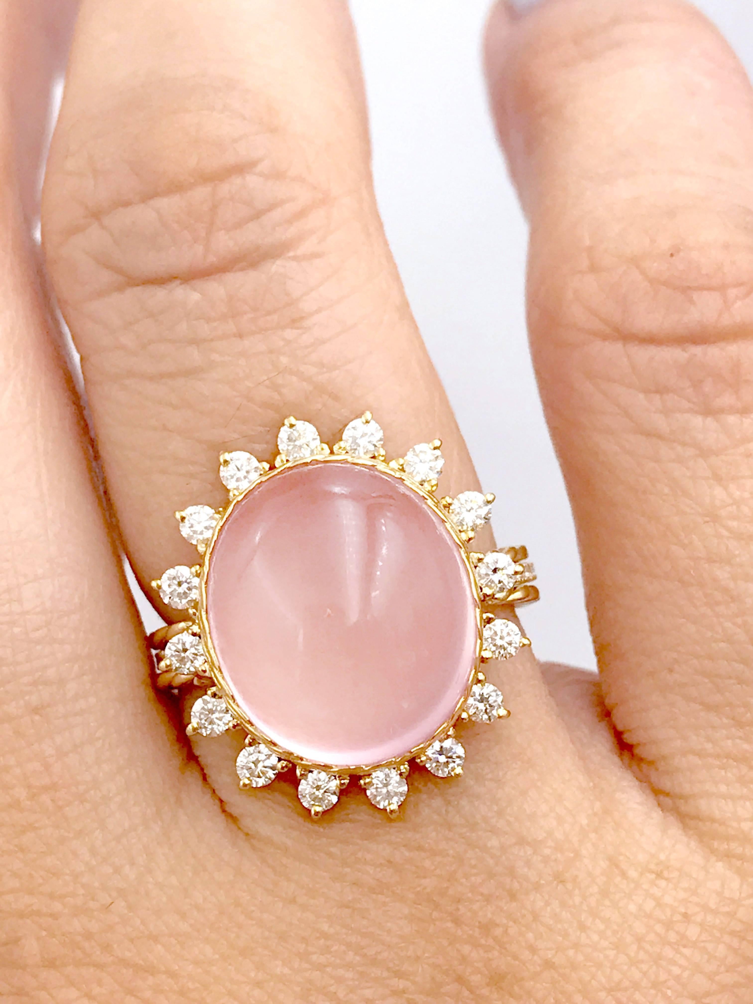 Contemporary One of a Kind Rose Quartz Diamond Halo Cocktail Ring 18 Karat Size Six in Stock For Sale