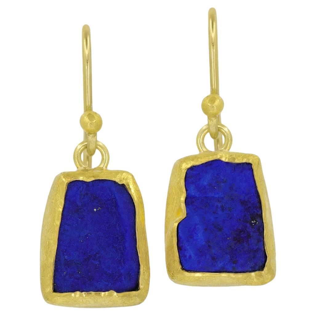 One of a Kind Rough Lapis Lazuli Rectangle Gold Earrings, Petra Class 2023 For Sale