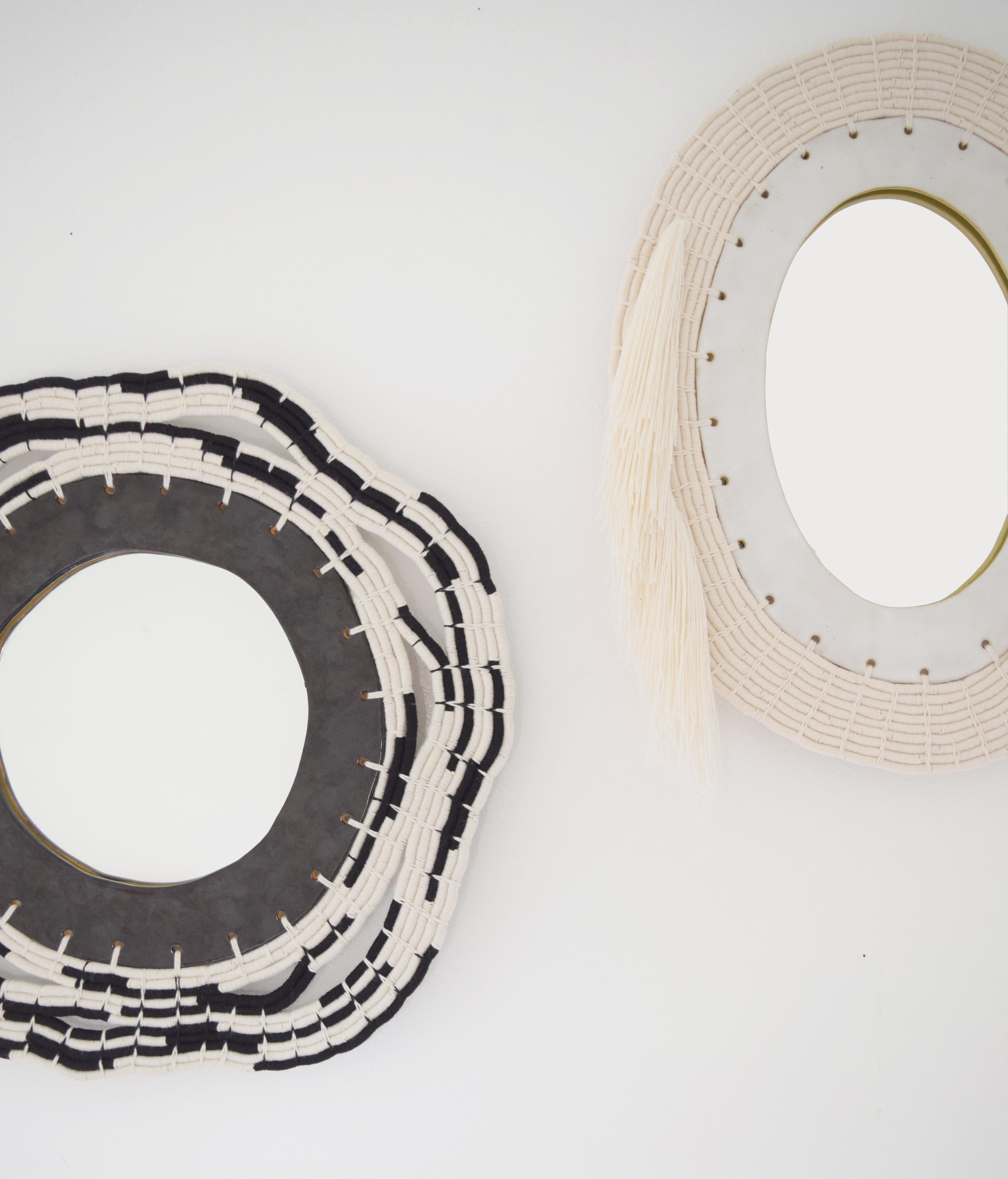 Contemporary One of a Kind Round Woven Cotton and Ceramic Mirror in White/Black