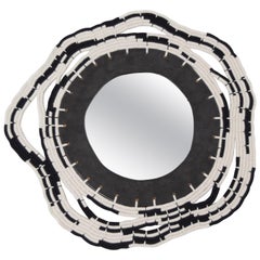 One of a Kind Round Woven Cotton and Ceramic Mirror in White/Black