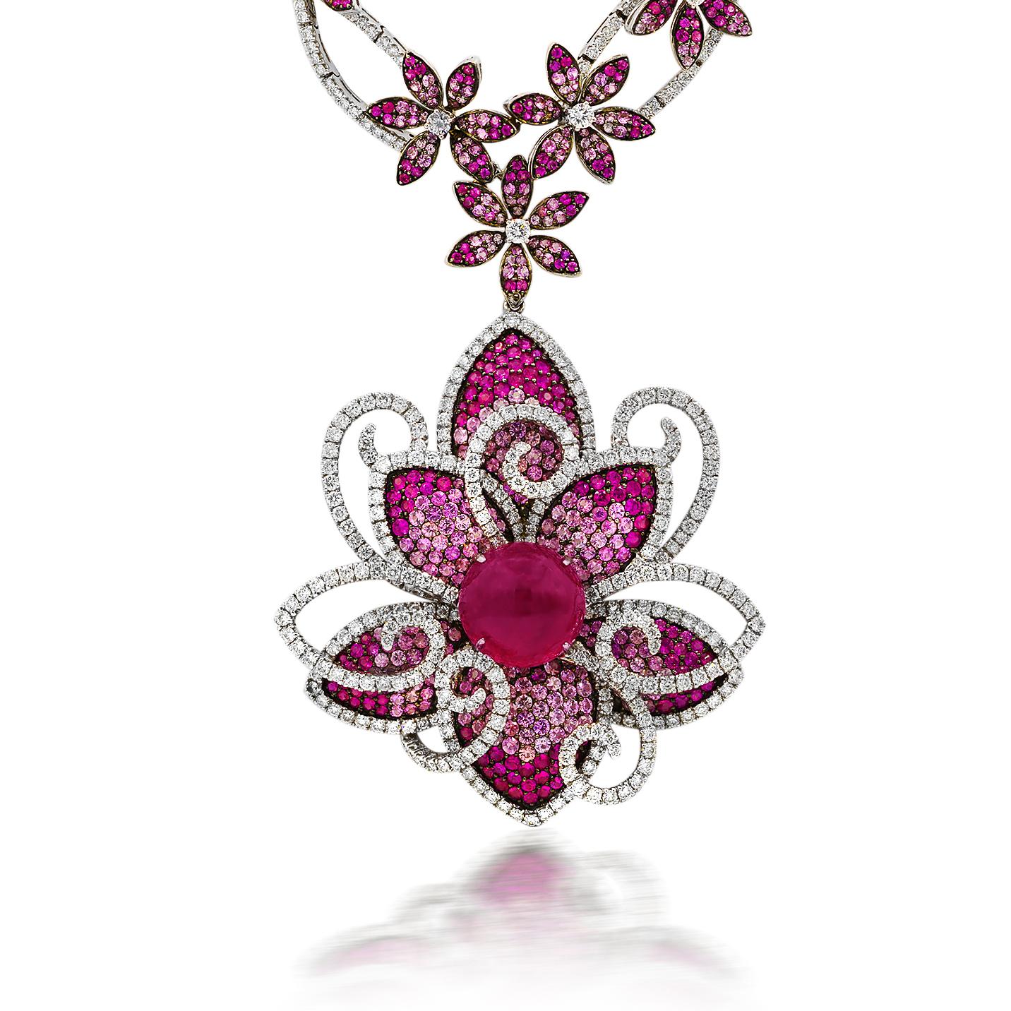 Brilliant Cut One of a Kind Rubellite, Sapphire and Diamond Necklace For Sale