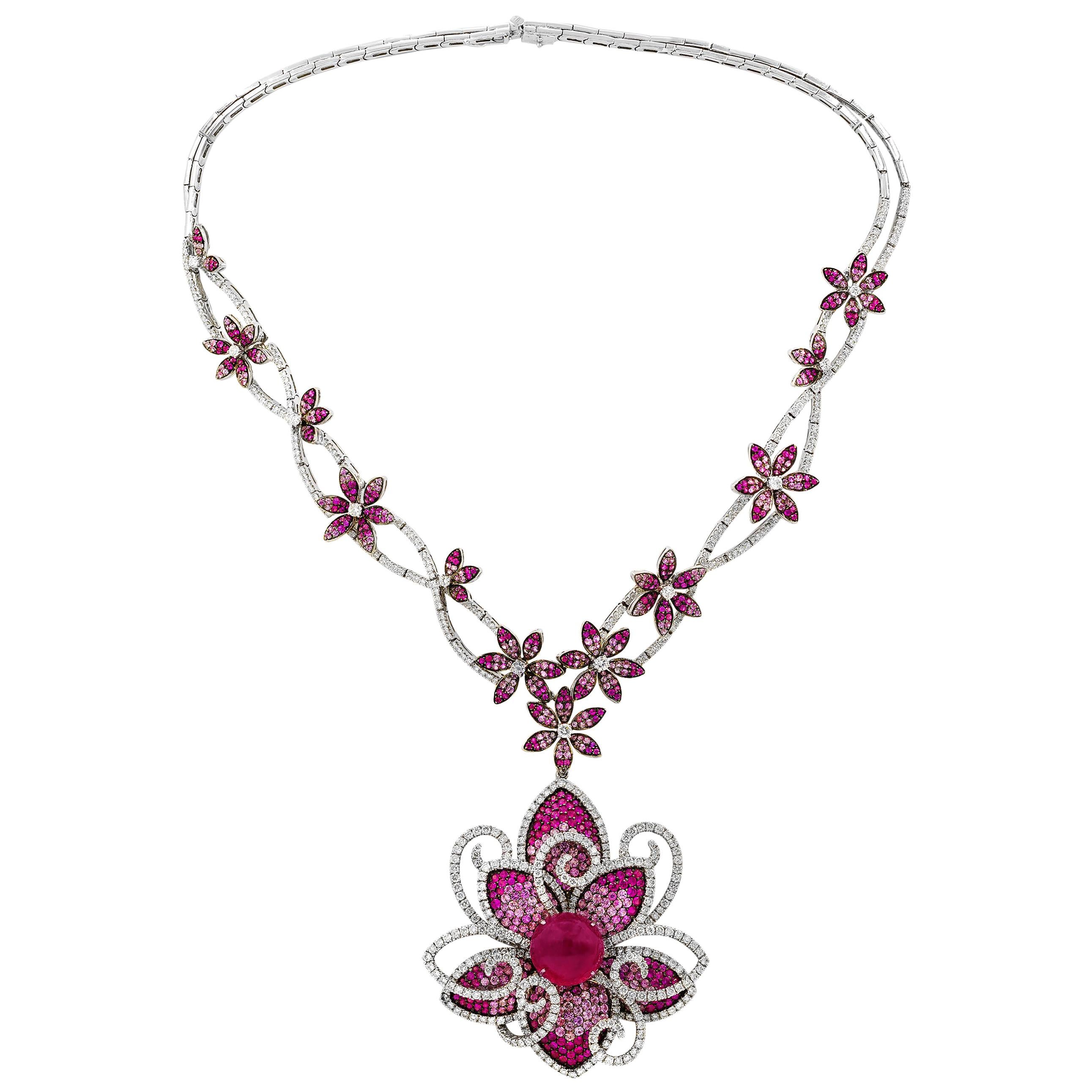 Diana M 18K White Gold One of a Kind Rubellite, Sapphire and Diamond Necklace