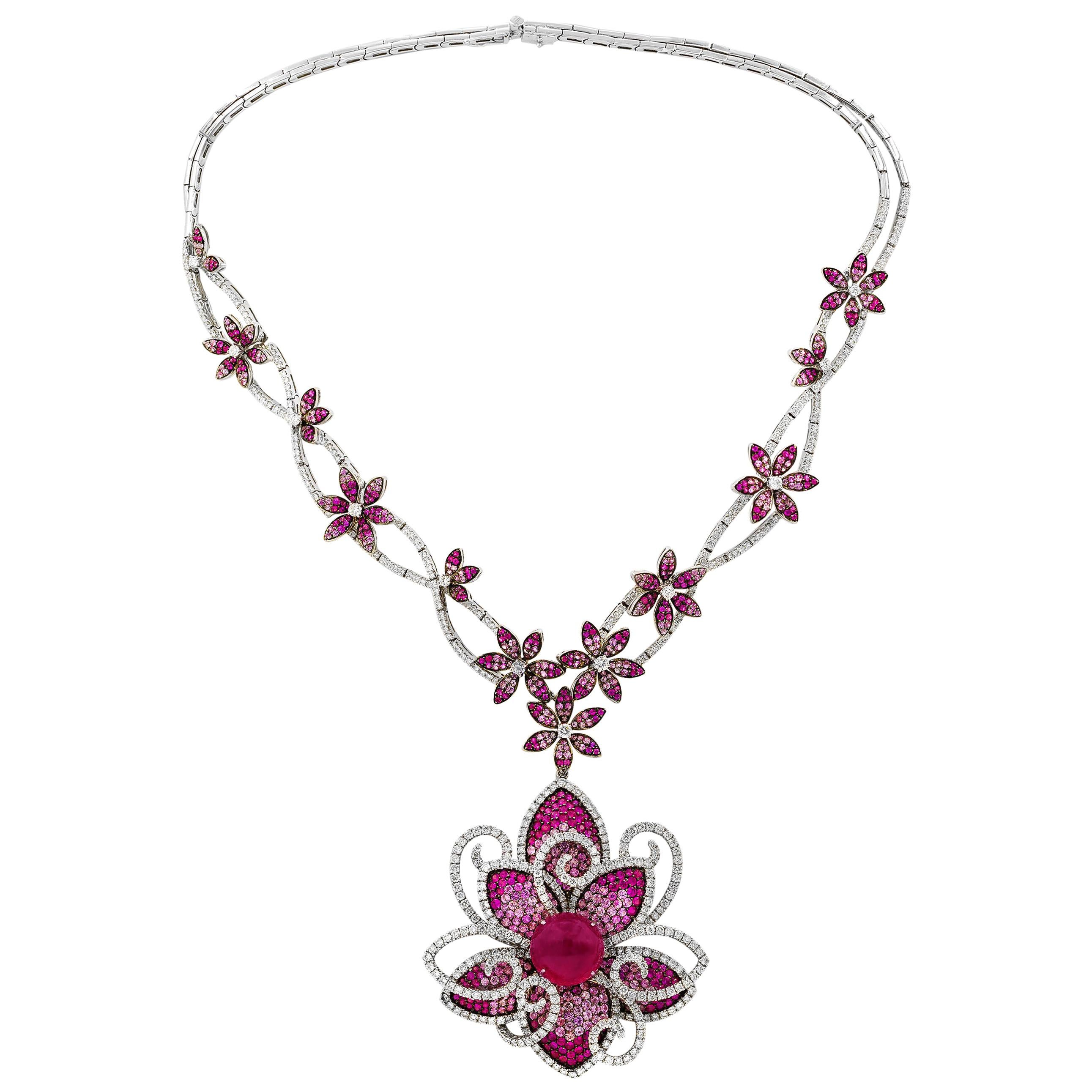 One of a Kind Rubellite, Sapphire and Diamond Necklace For Sale