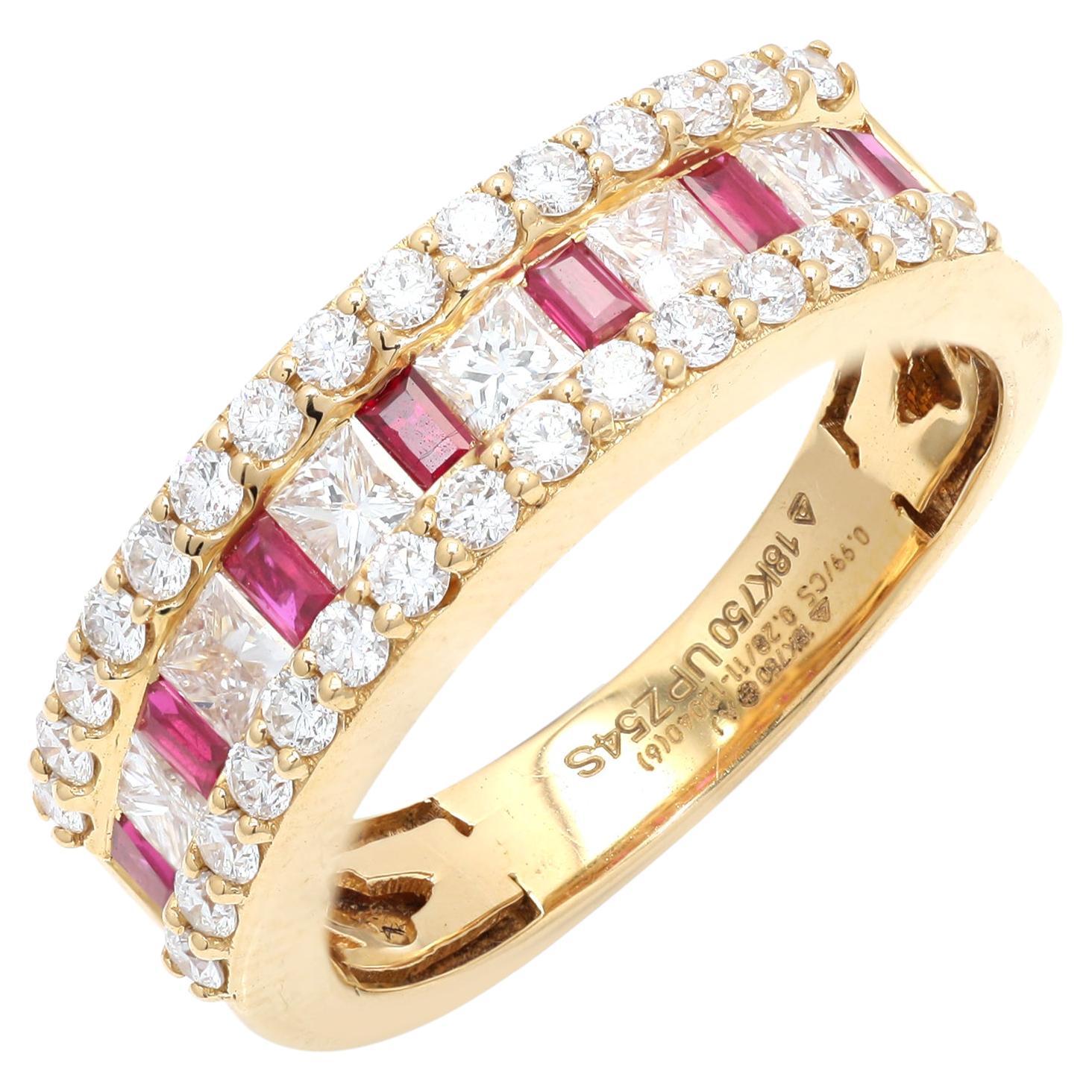 For Sale:  Stackable Half Eternity Ruby Engagement Ring in 18K Yellow Gold with Diamonds